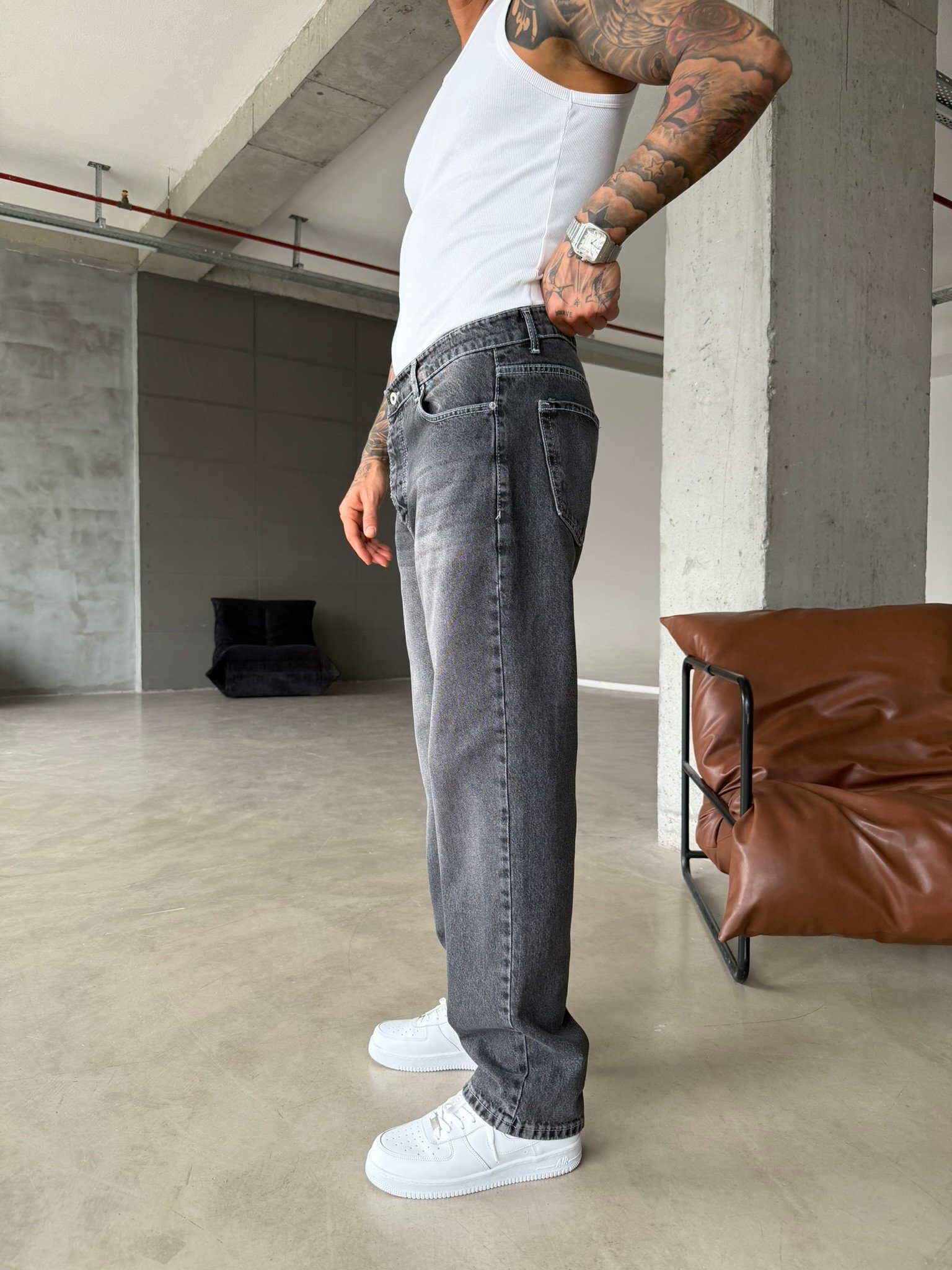 Basic Yıkamalı Baggy Pantolon - Füme