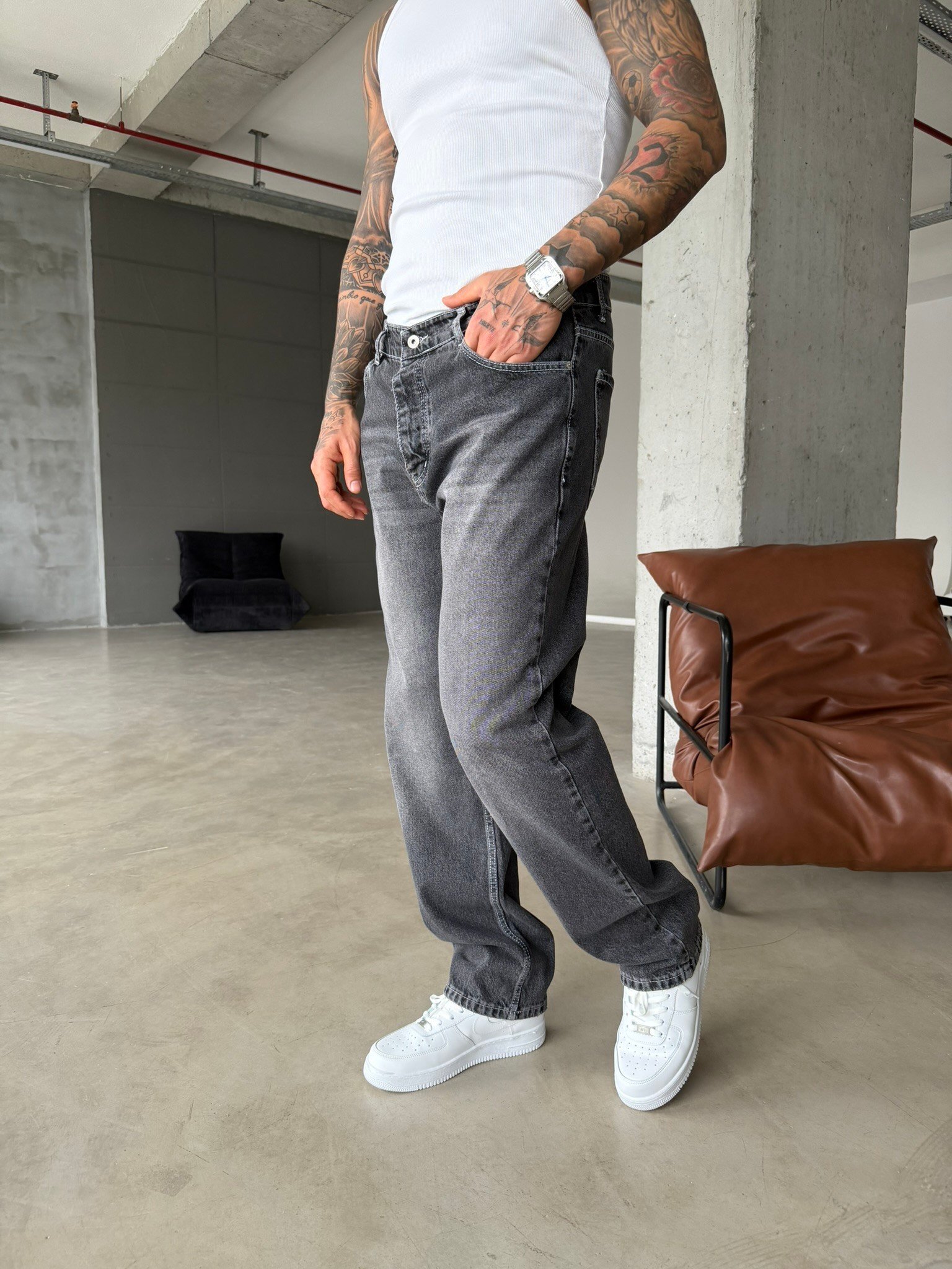 Basic Yıkamalı Baggy Pantolon - Füme