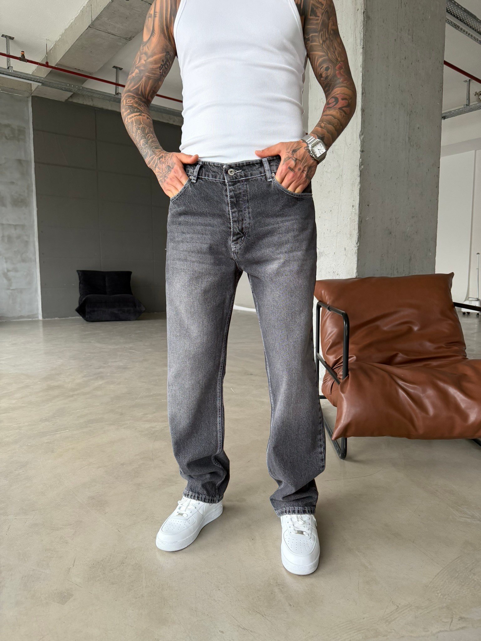 Basic Yıkamalı Baggy Pantolon - Füme