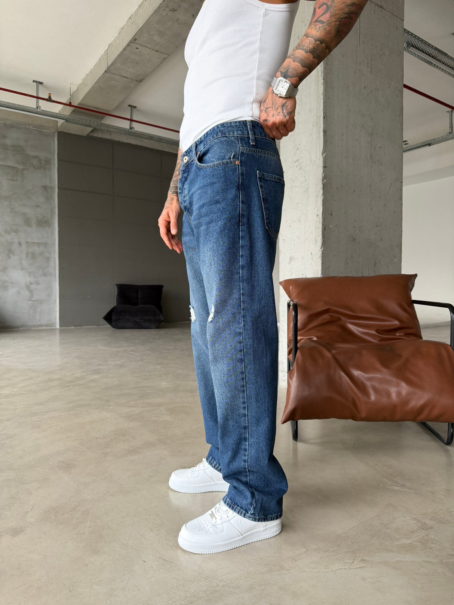 Basic Yırtık Detaylı Baggy Pantolon - İndigo