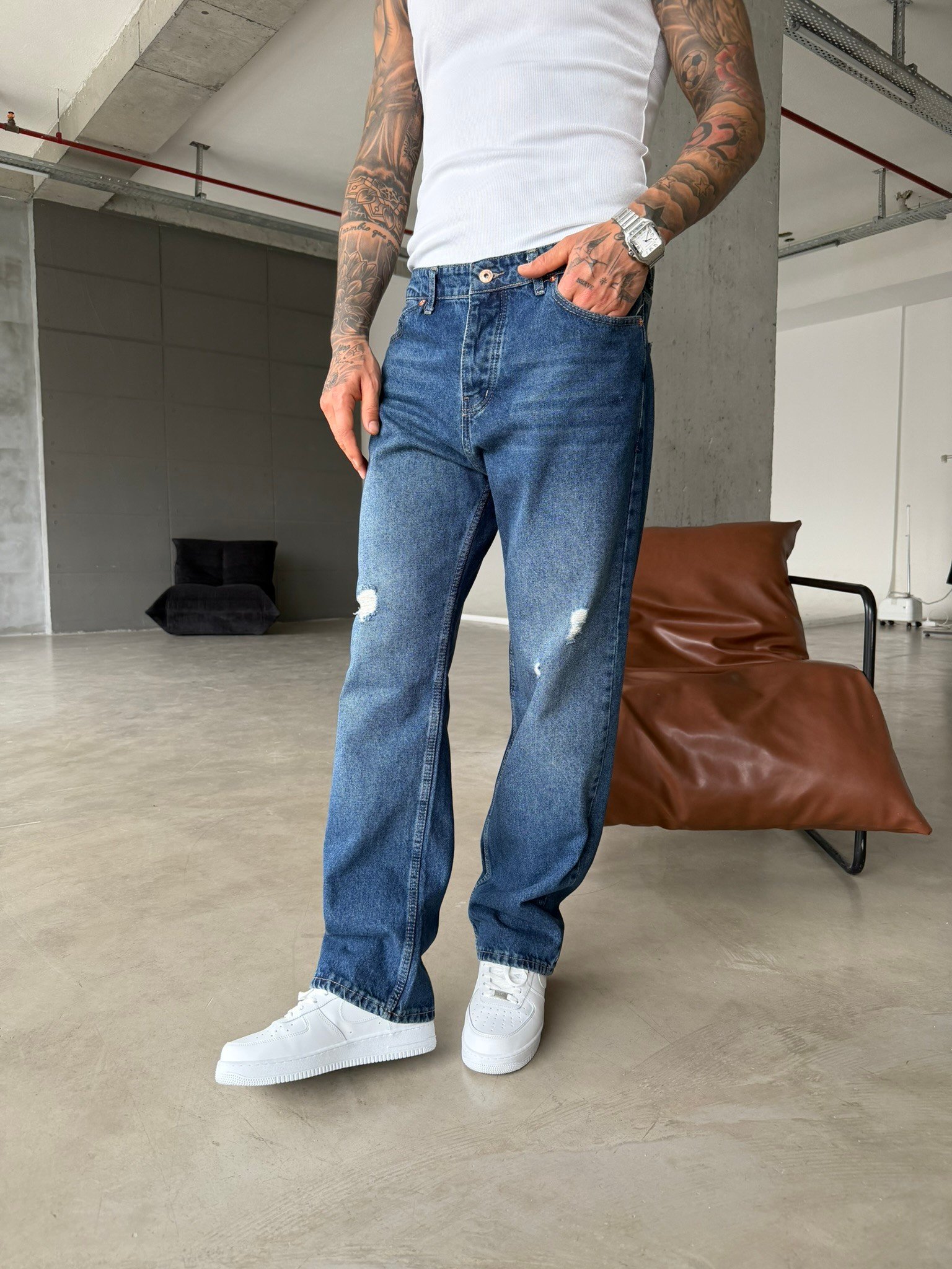 Basic Yırtık Detaylı Baggy Pantolon - İndigo