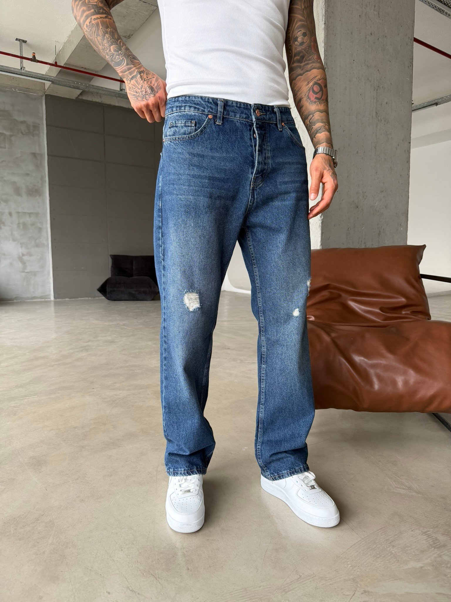 Basic Yırtık Detaylı Baggy Pantolon - İndigo