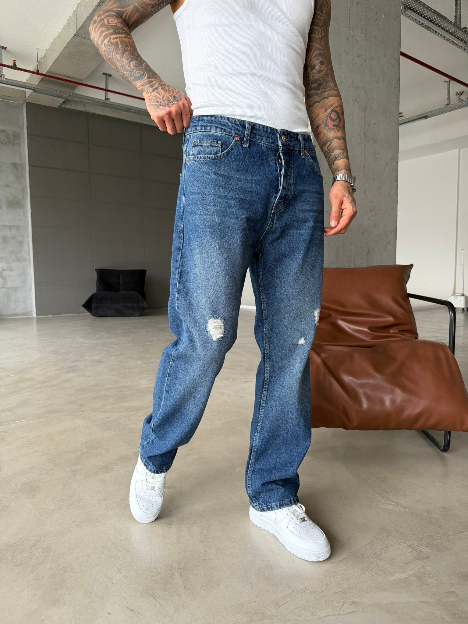 Basic Yırtık Detaylı Baggy Pantolon - İndigo