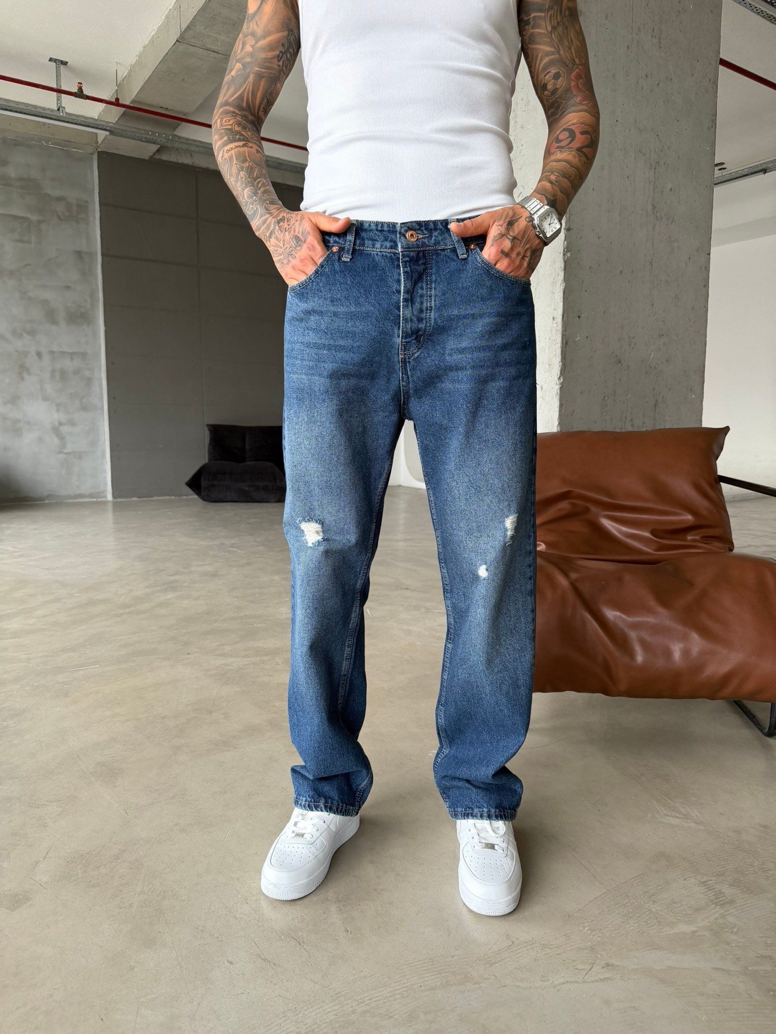 Basic Yırtık Detaylı Baggy Pantolon - İndigo