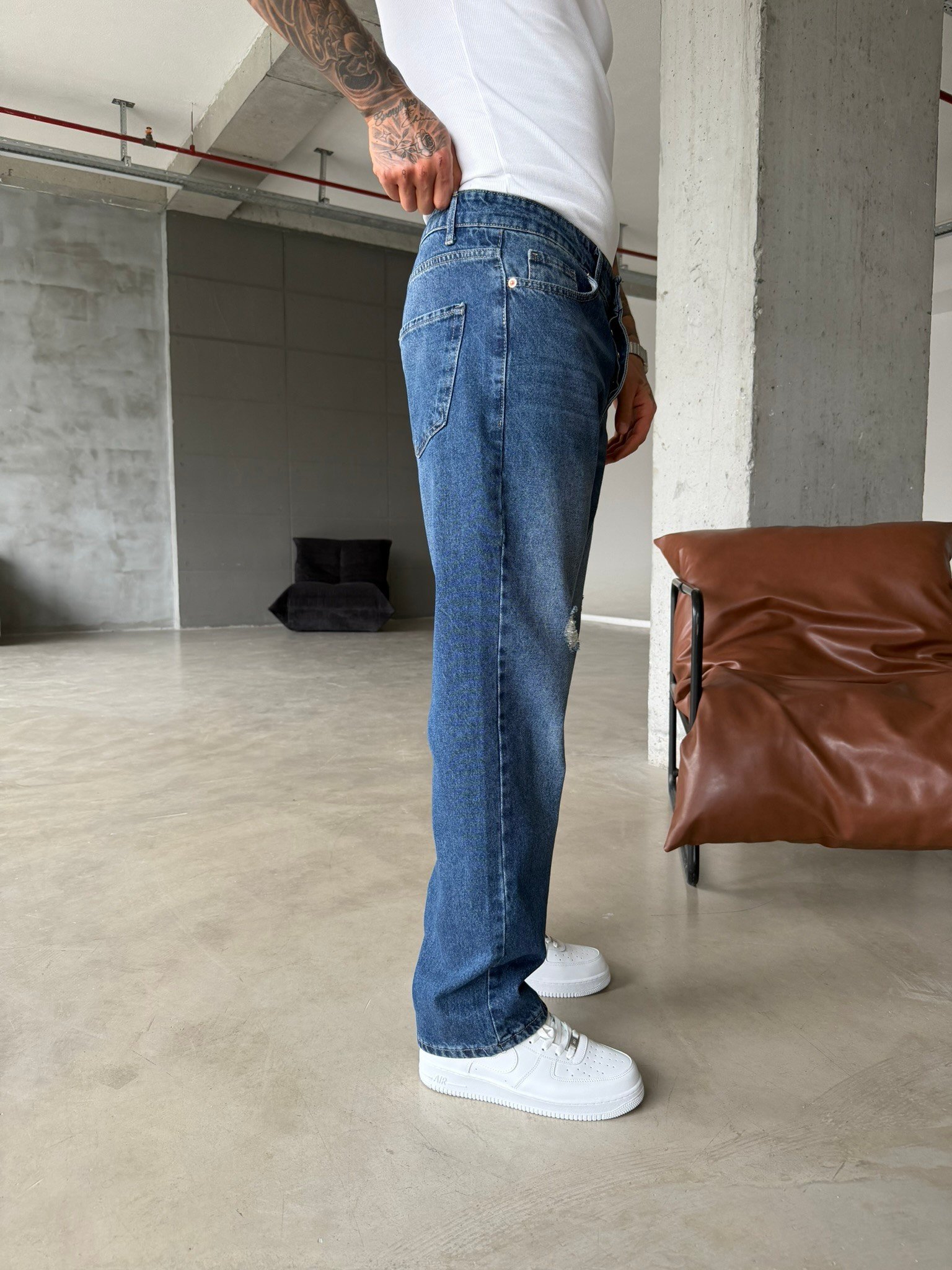 Basic Yırtık Detaylı Baggy Pantolon - İndigo