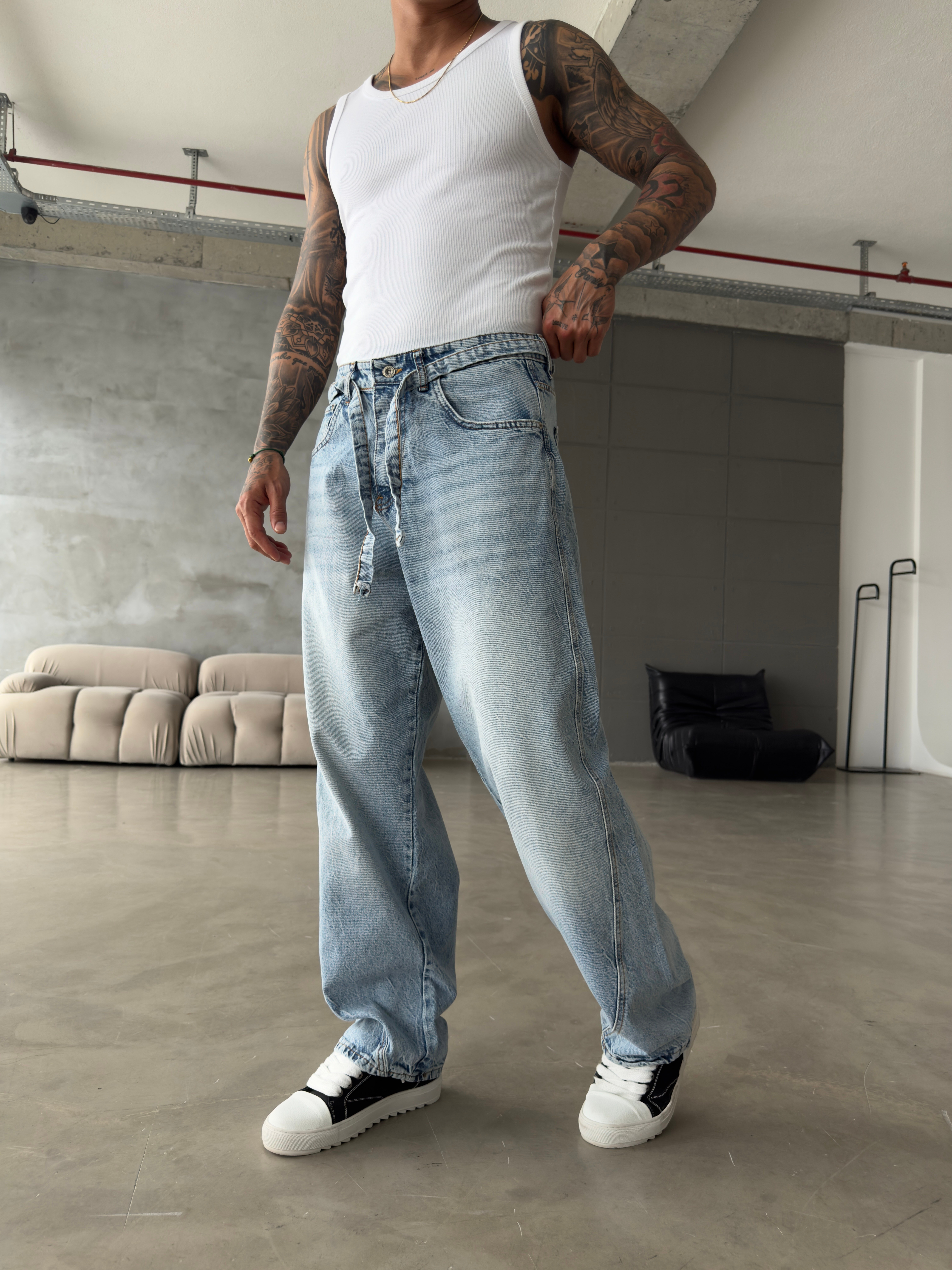 Bel Kemer Detaylı Premium Baggy Pantolon - Mavi