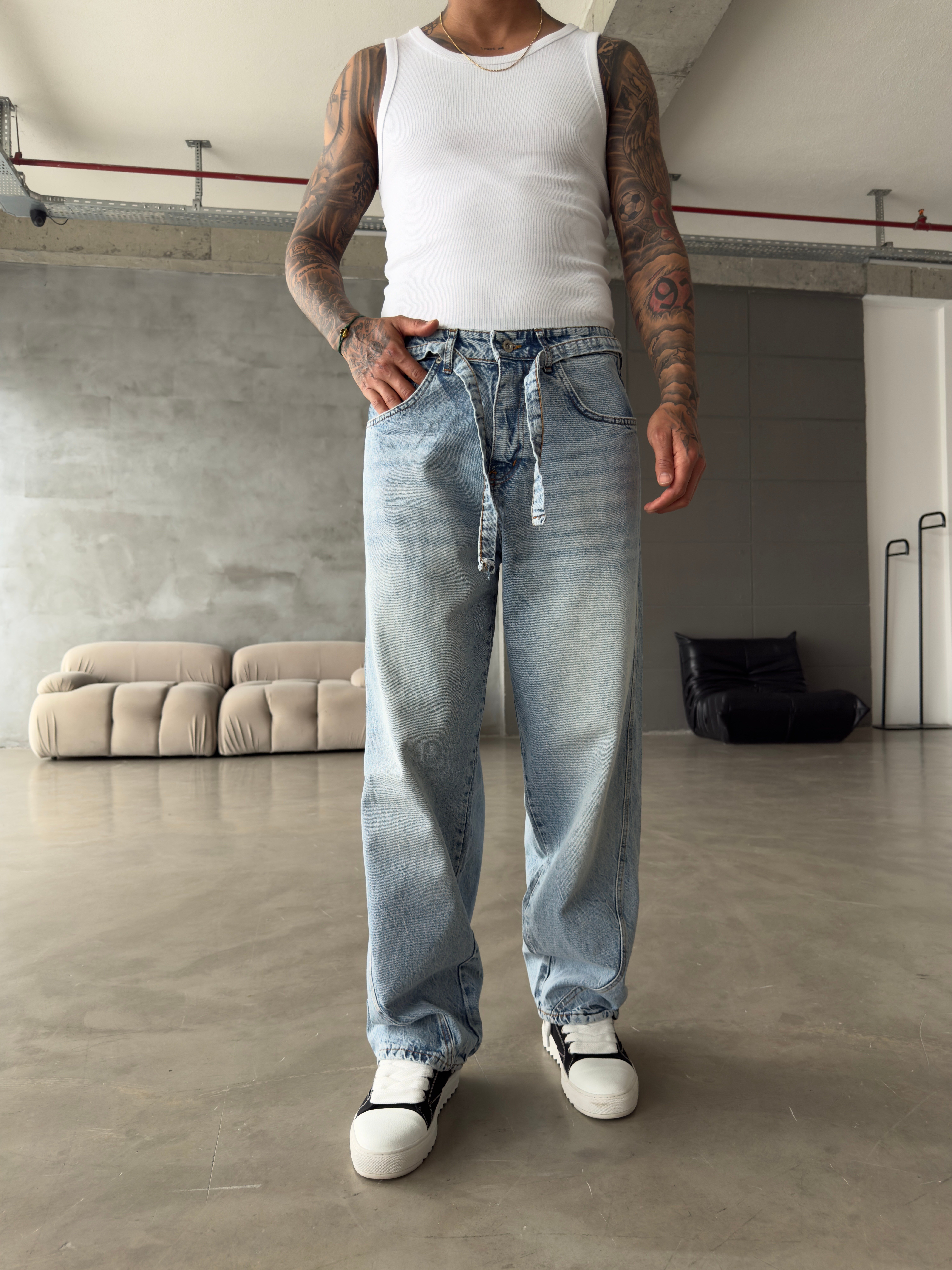 Bel Kemer Detaylı Premium Baggy Pantolon - Mavi