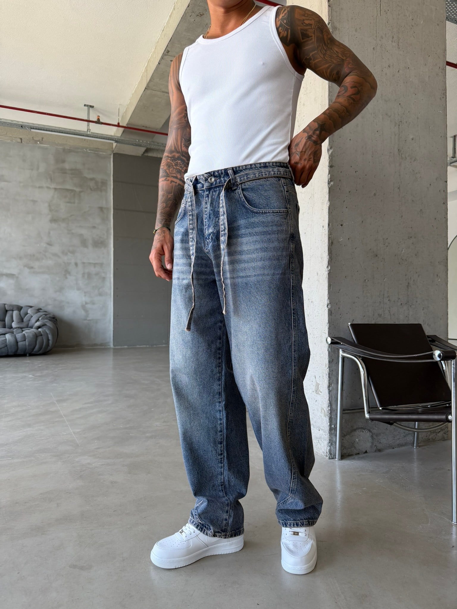 Bel Kemer Detaylı Premium Baggy Pantolon - Mavi