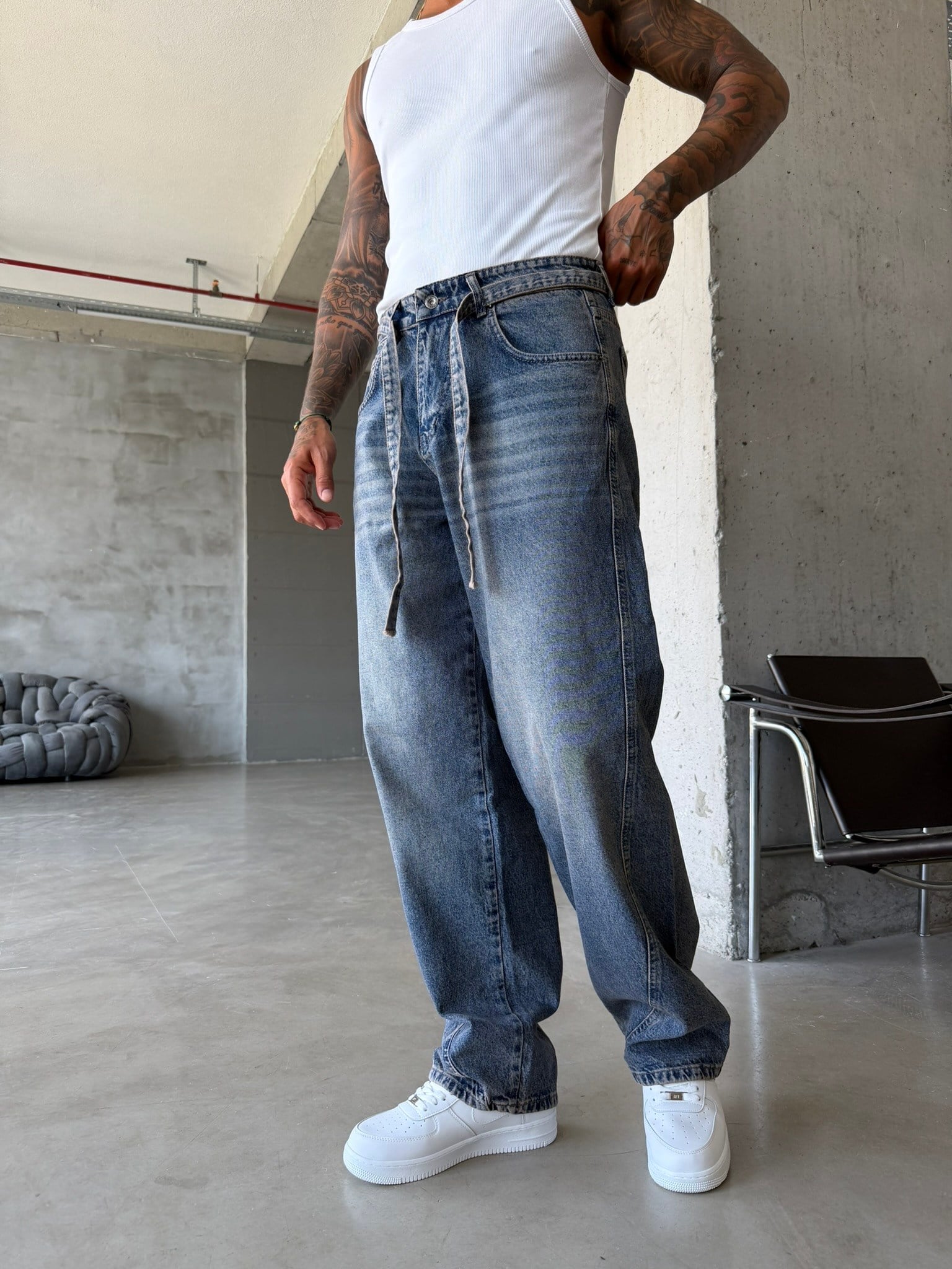 Bel Kemer Detaylı Premium Baggy Pantolon - Mavi