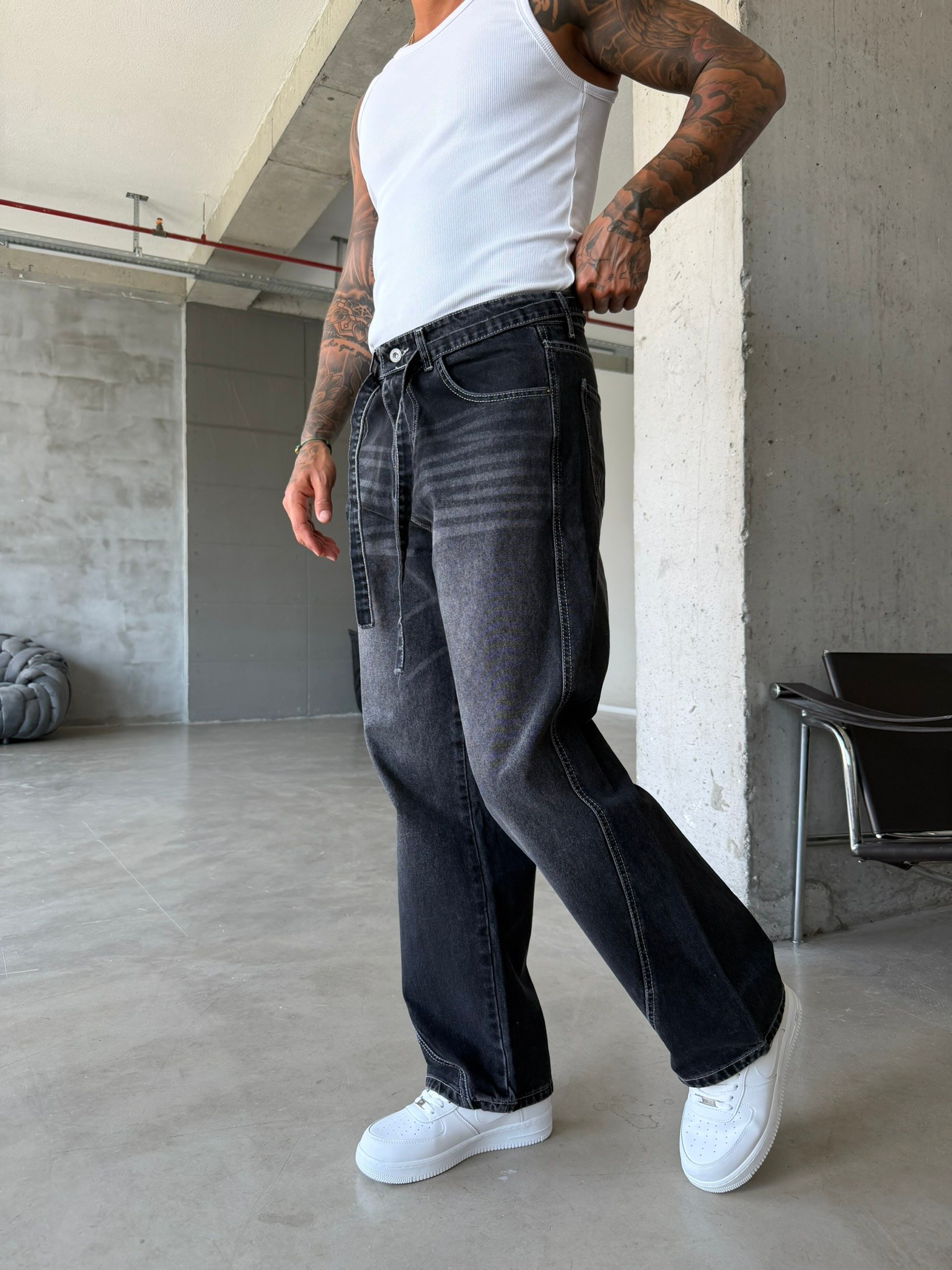 Bel Kemer Detaylı Premium Baggy Pantolon - Füme