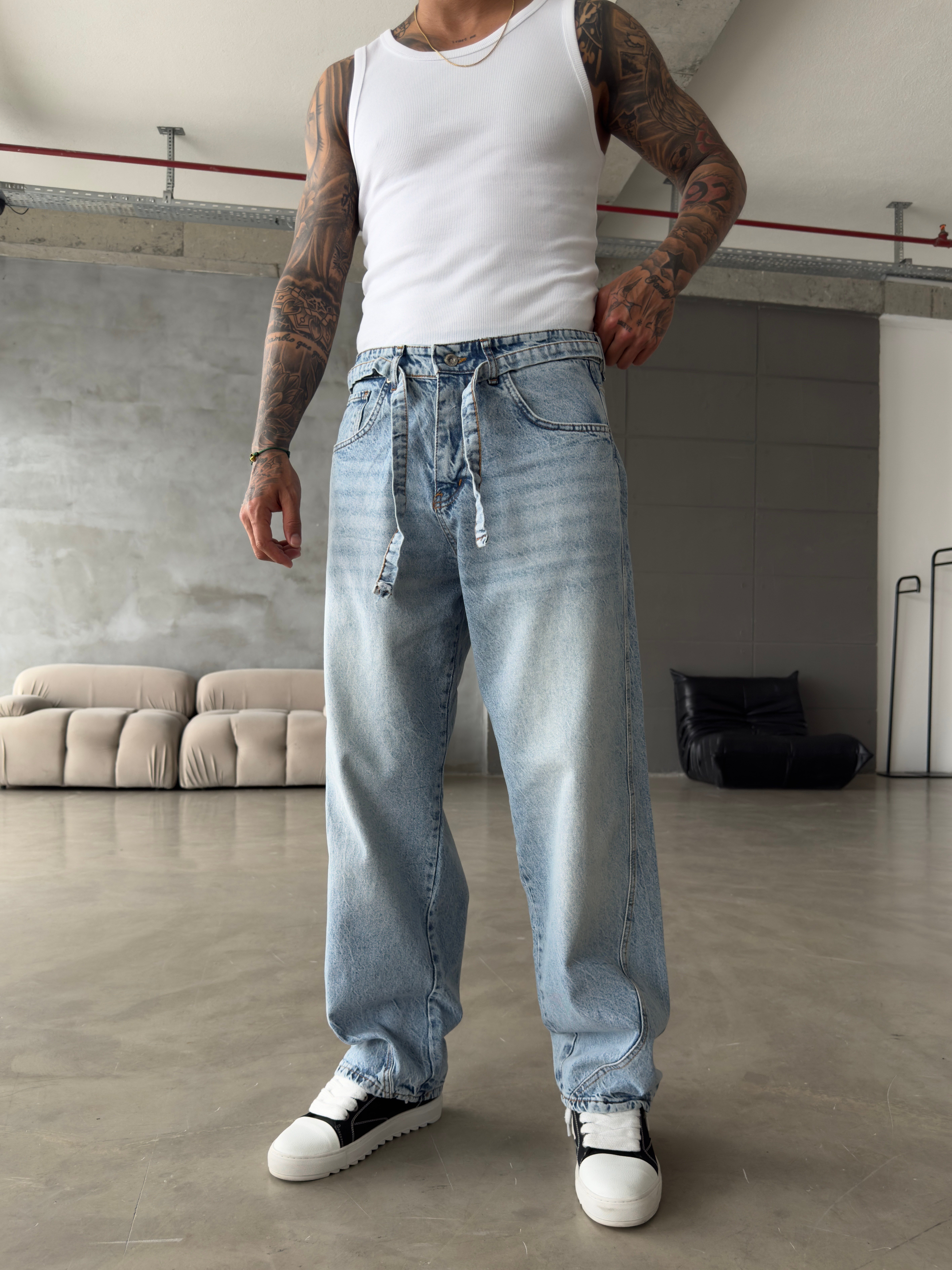 Bel Kemer Detaylı Premium Baggy Pantolon - Mavi