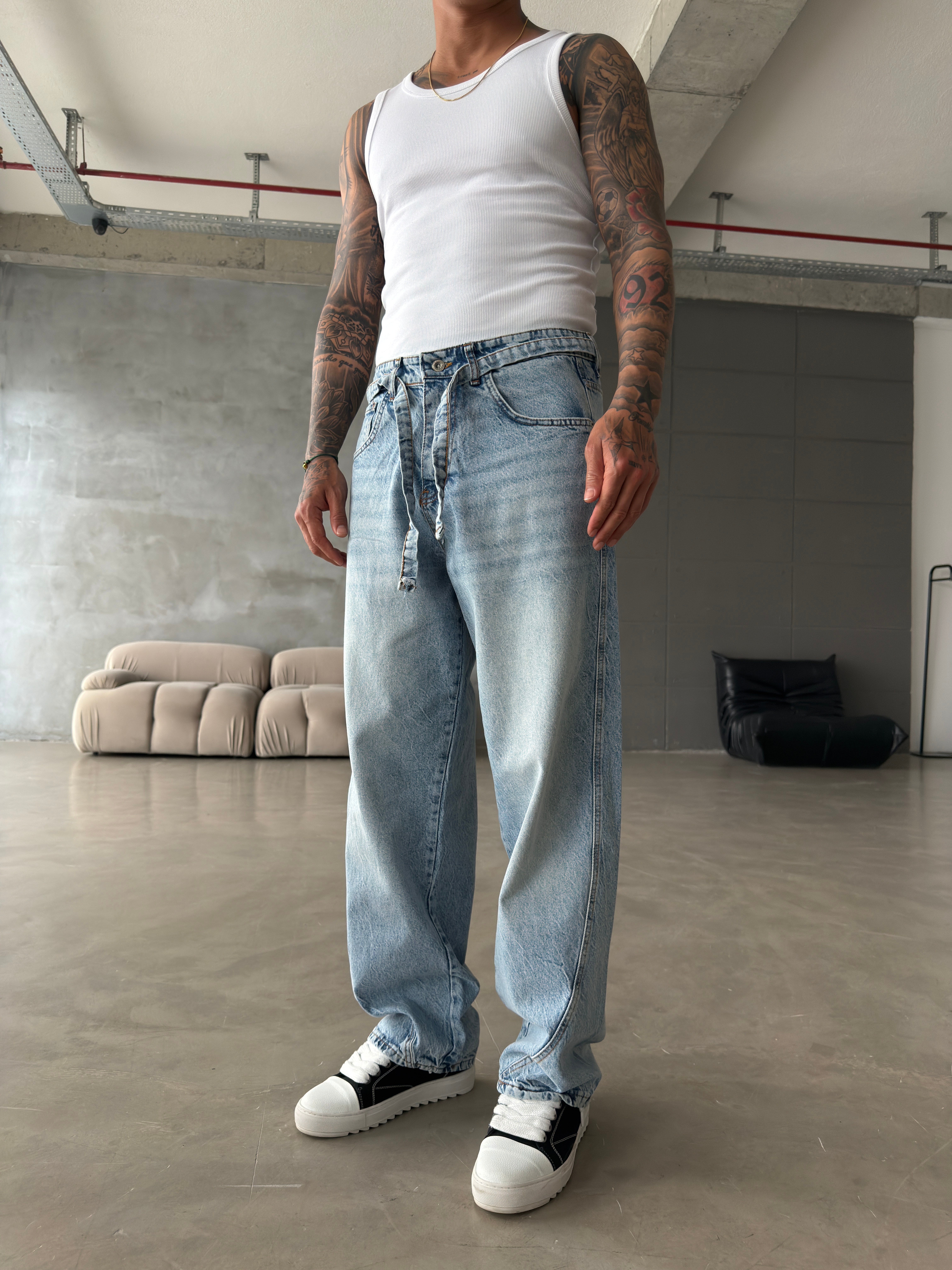 Bel Kemer Detaylı Premium Baggy Pantolon - Mavi