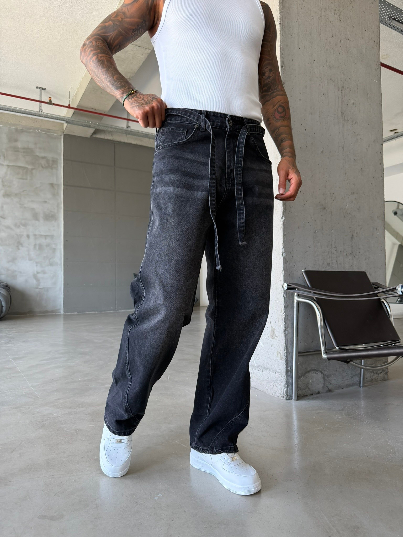 Bel Kemer Detaylı Premium Baggy Pantolon - Siyah