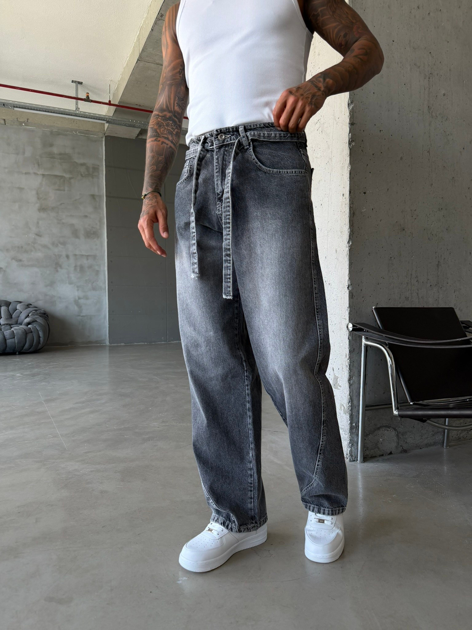 Bel Kemer Detaylı Premium Baggy Pantolon - Gri