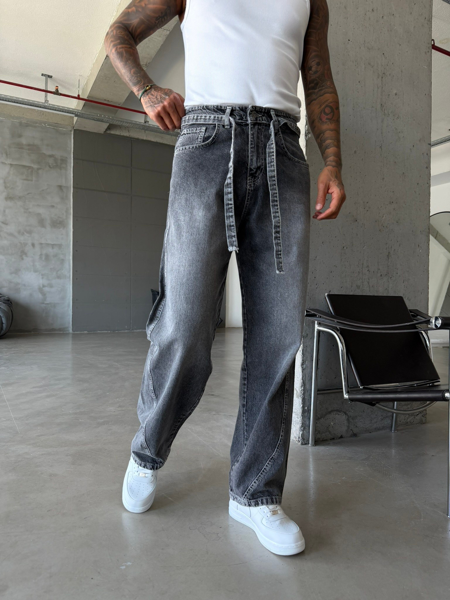 Bel Kemer Detaylı Premium Baggy Pantolon - Gri