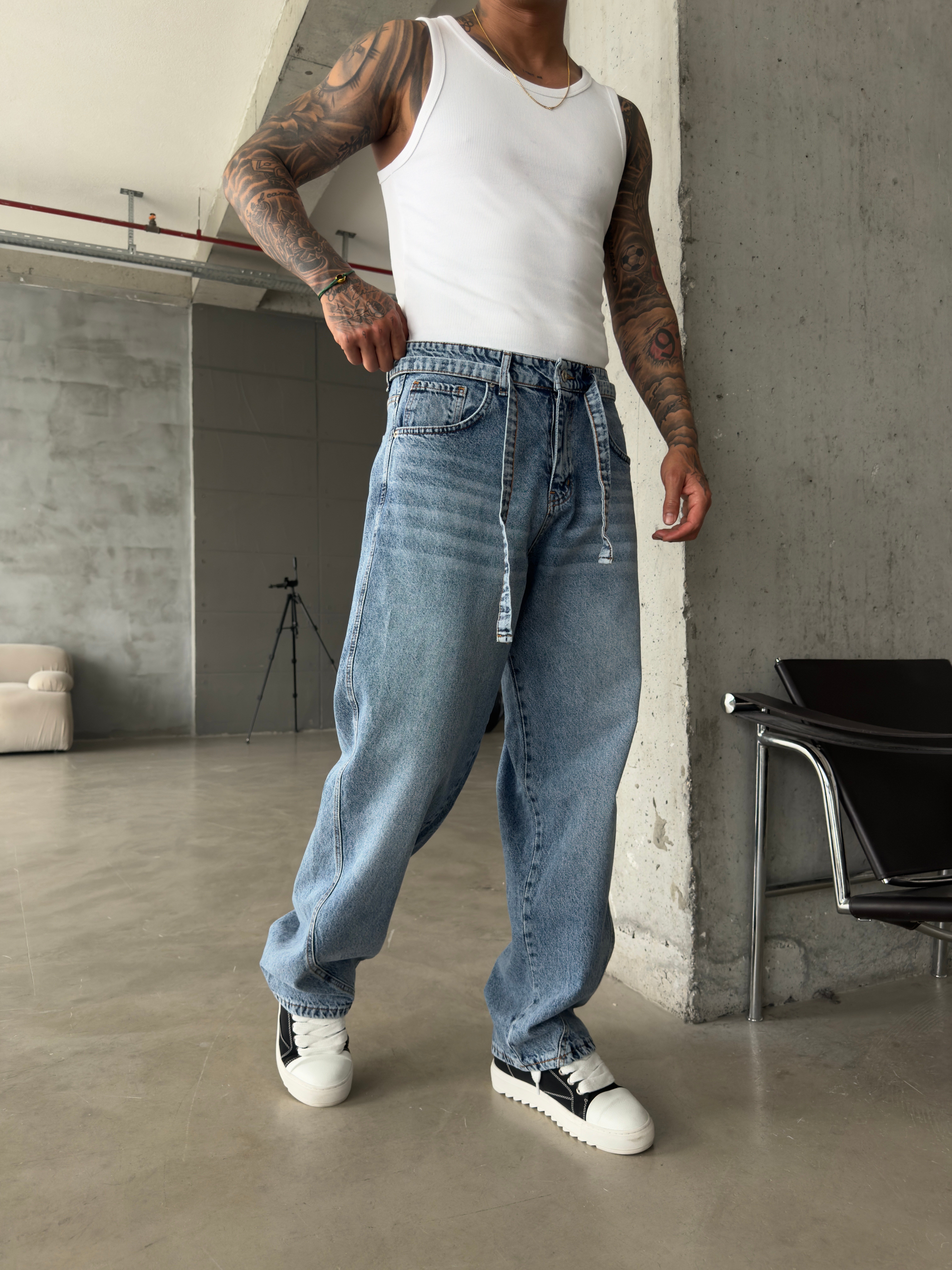 Bel Kemer Detaylı Premium Baggy Pantolon - İndigo