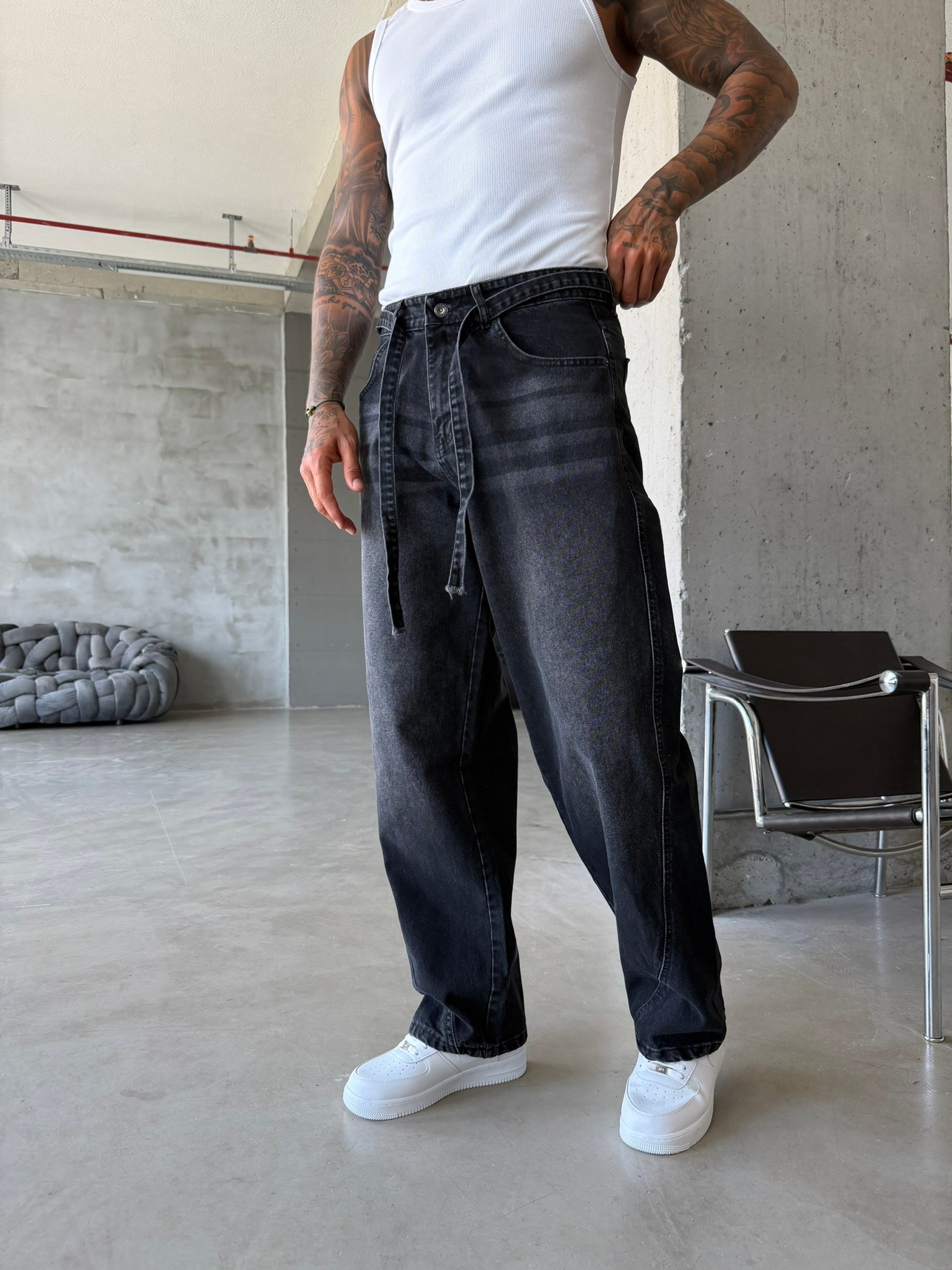Bel Kemer Detaylı Premium Baggy Pantolon - Siyah