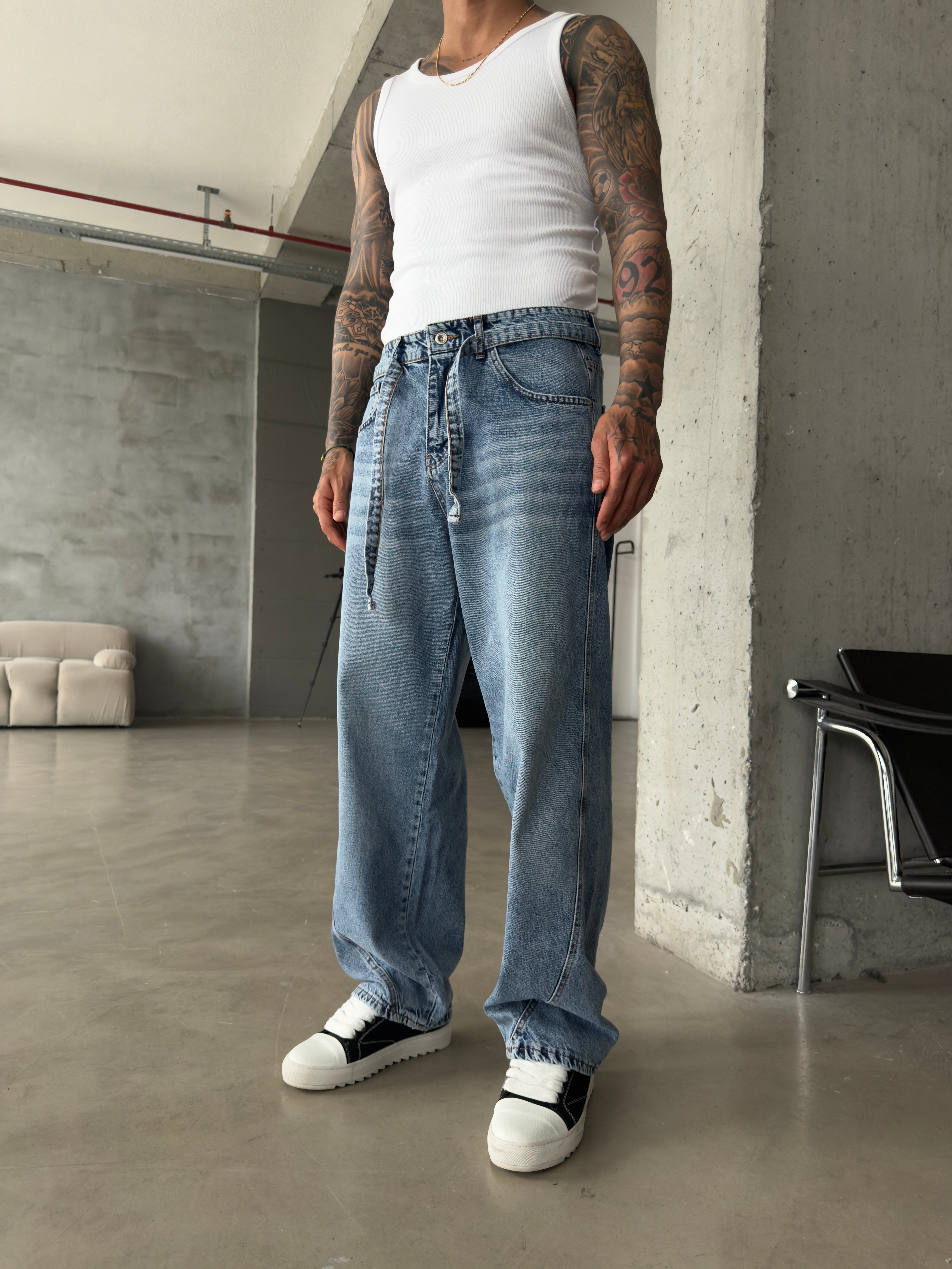 Bel Kemer Detaylı Premium Baggy Pantolon - İndigo