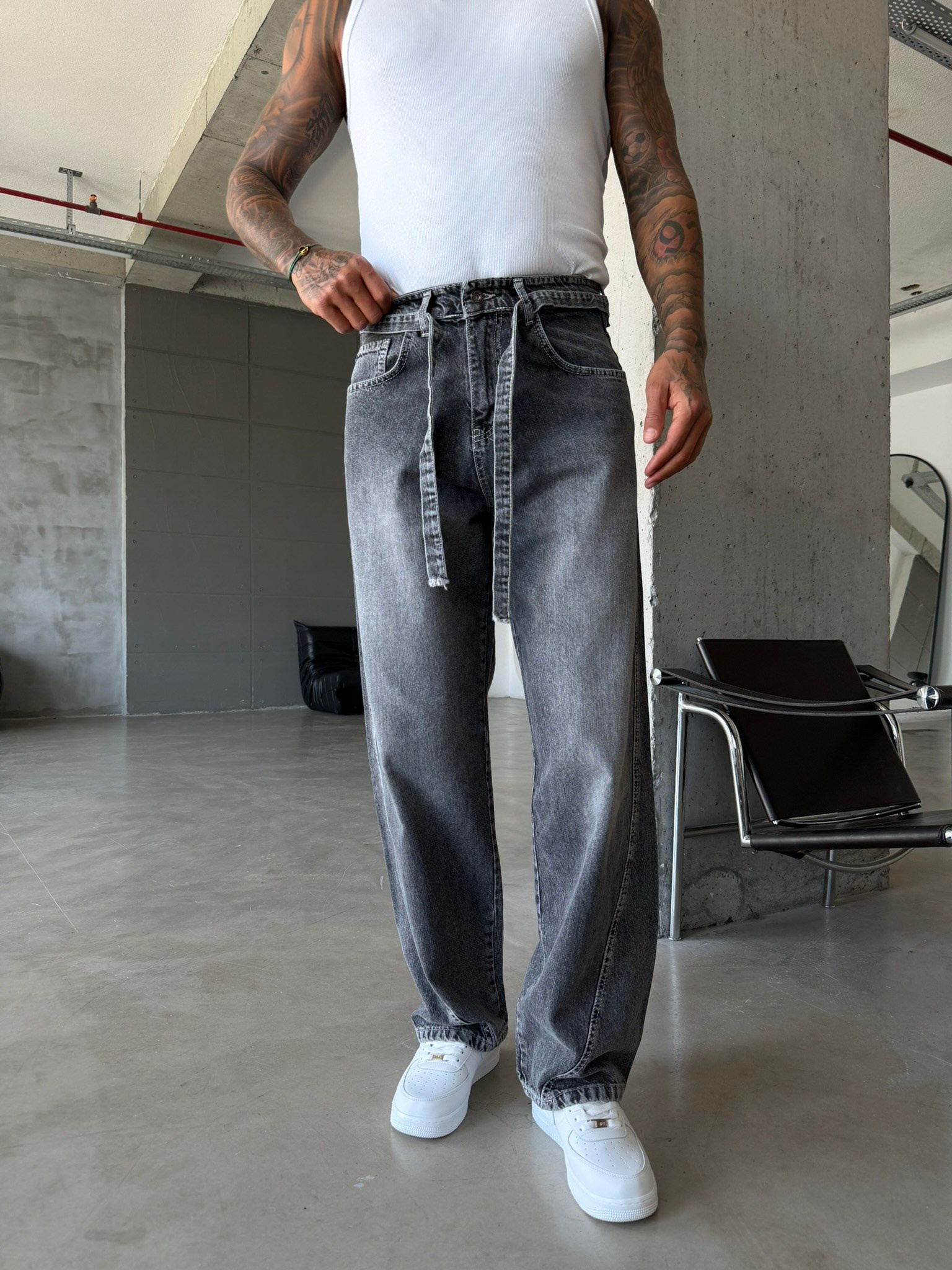 Bel Kemer Detaylı Premium Baggy Pantolon - Gri
