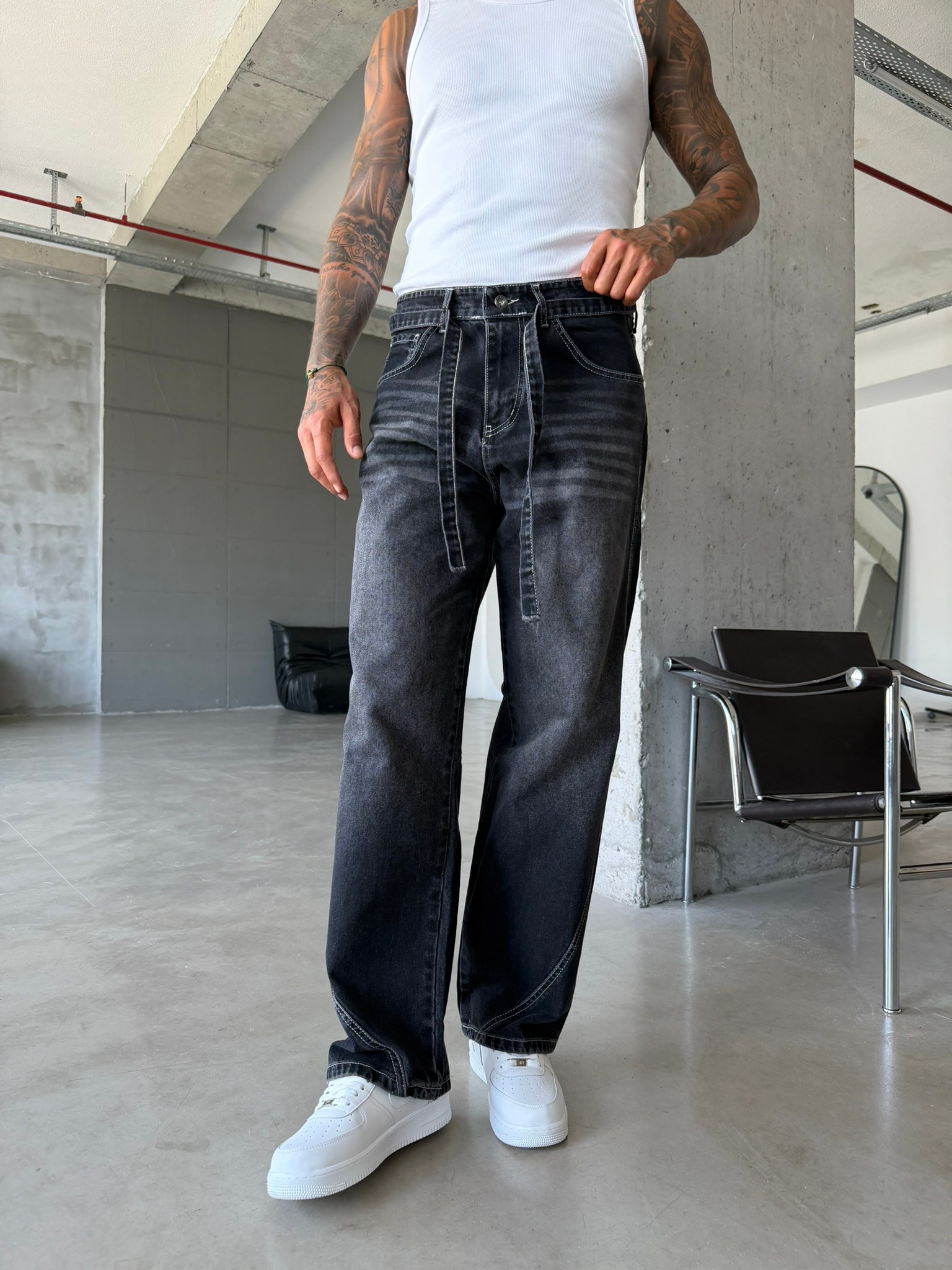 Bel Kemer Detaylı Premium Baggy Pantolon - Füme