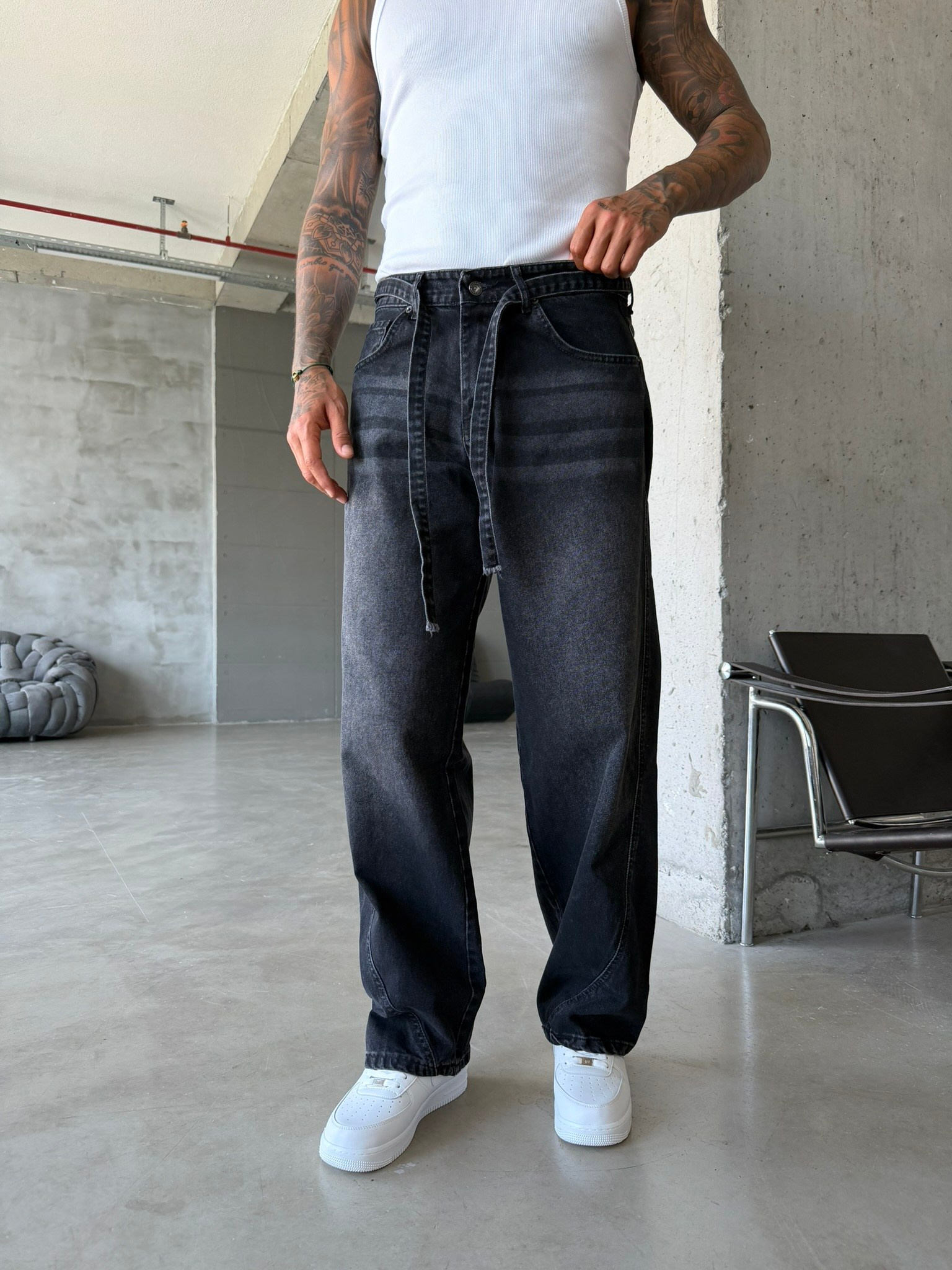 Bel Kemer Detaylı Premium Baggy Pantolon - Siyah