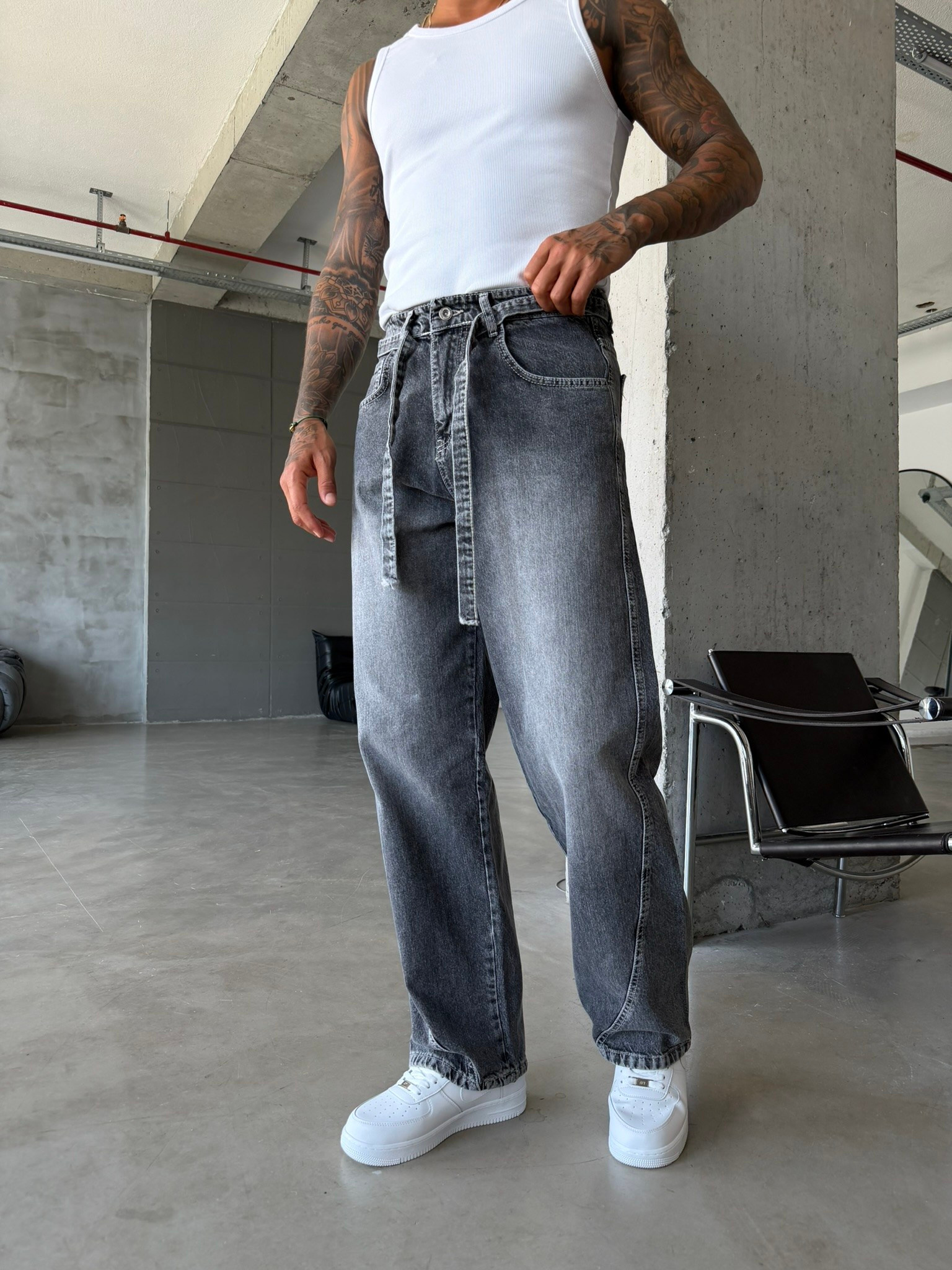 Bel Kemer Detaylı Premium Baggy Pantolon - Gri