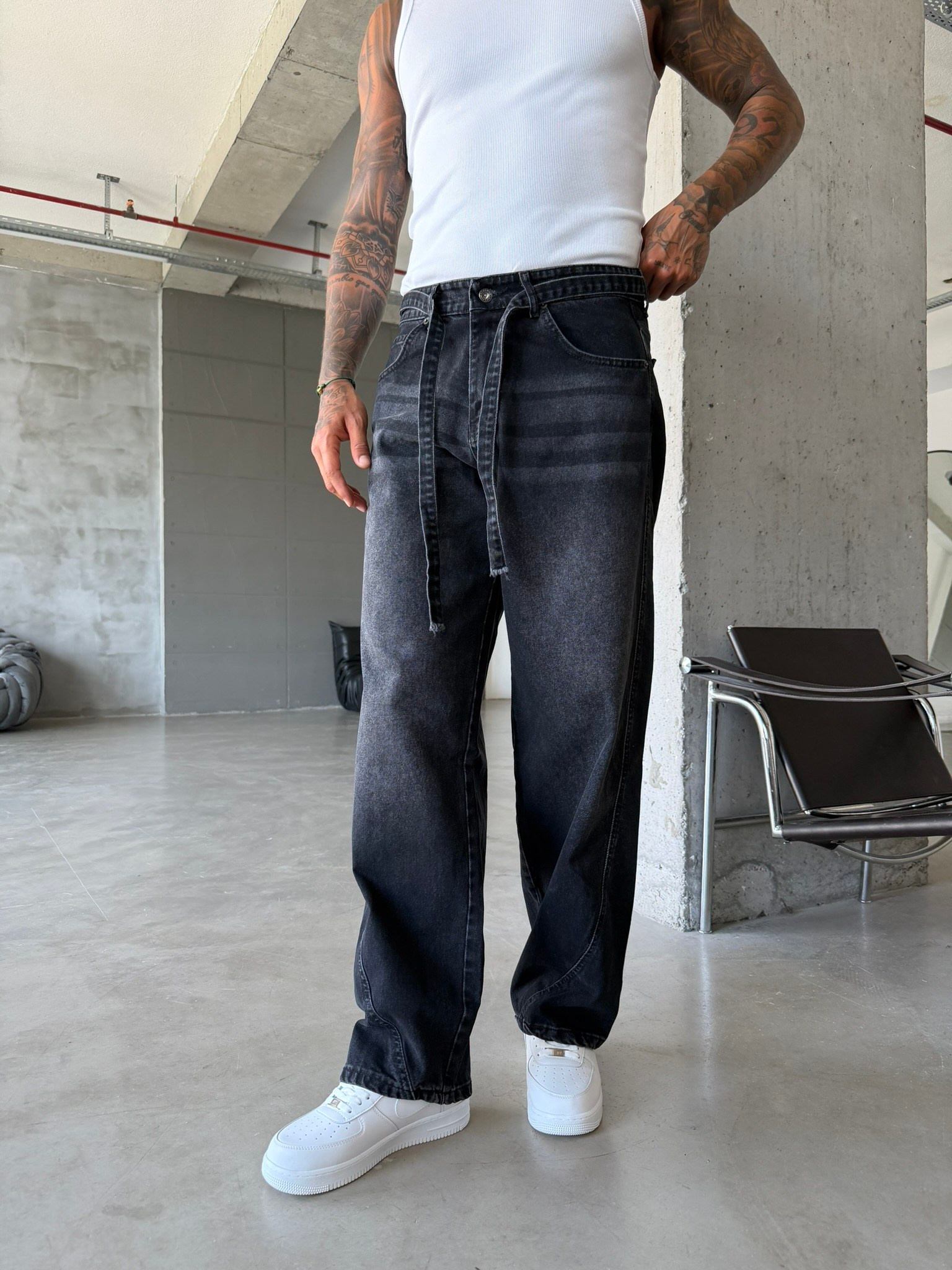 Bel Kemer Detaylı Premium Baggy Pantolon - Siyah