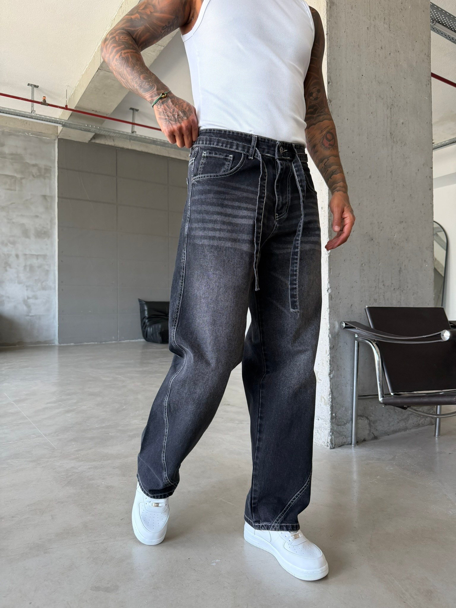Bel Kemer Detaylı Premium Baggy Pantolon - Füme