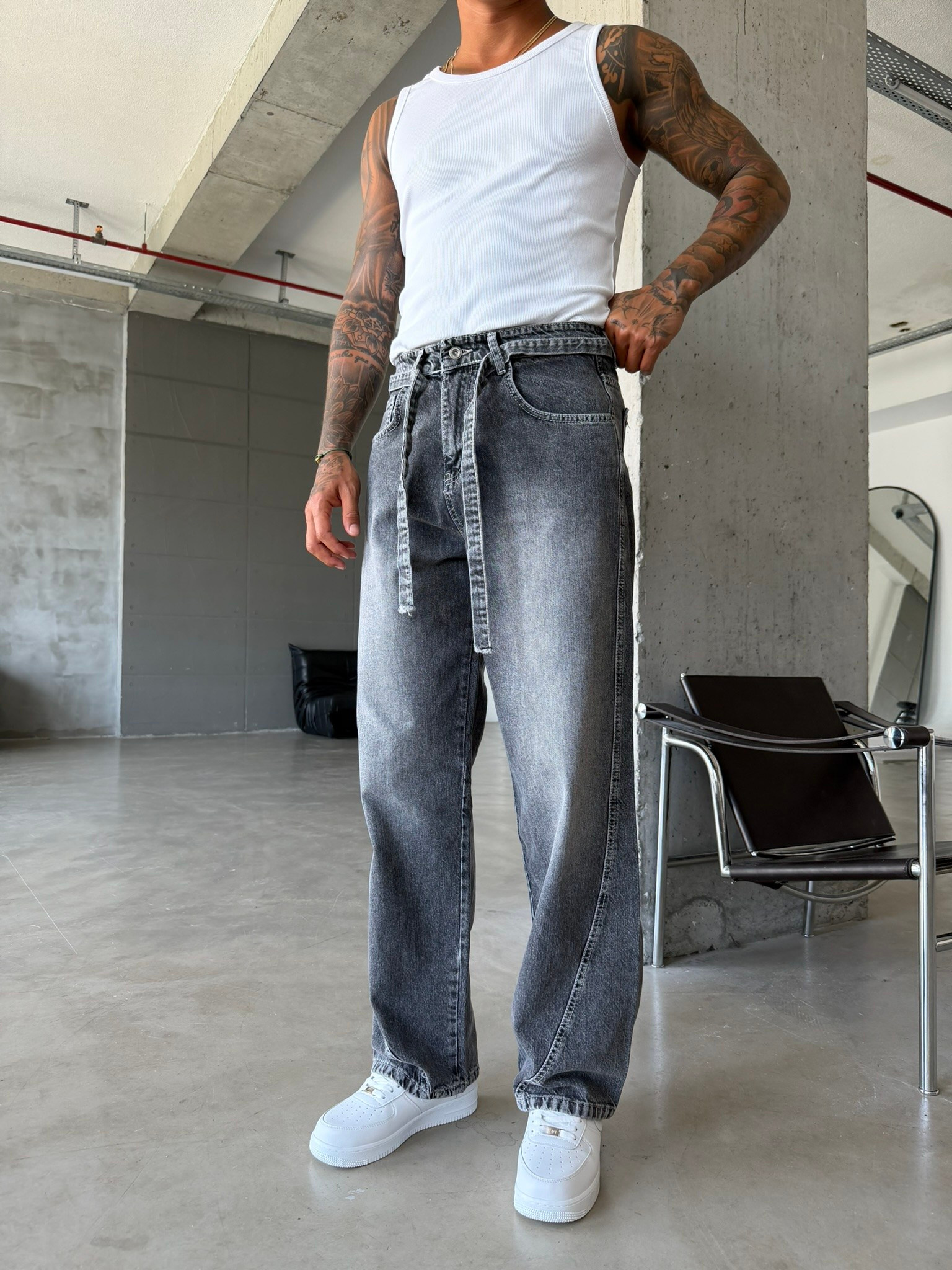 Bel Kemer Detaylı Premium Baggy Pantolon - Gri