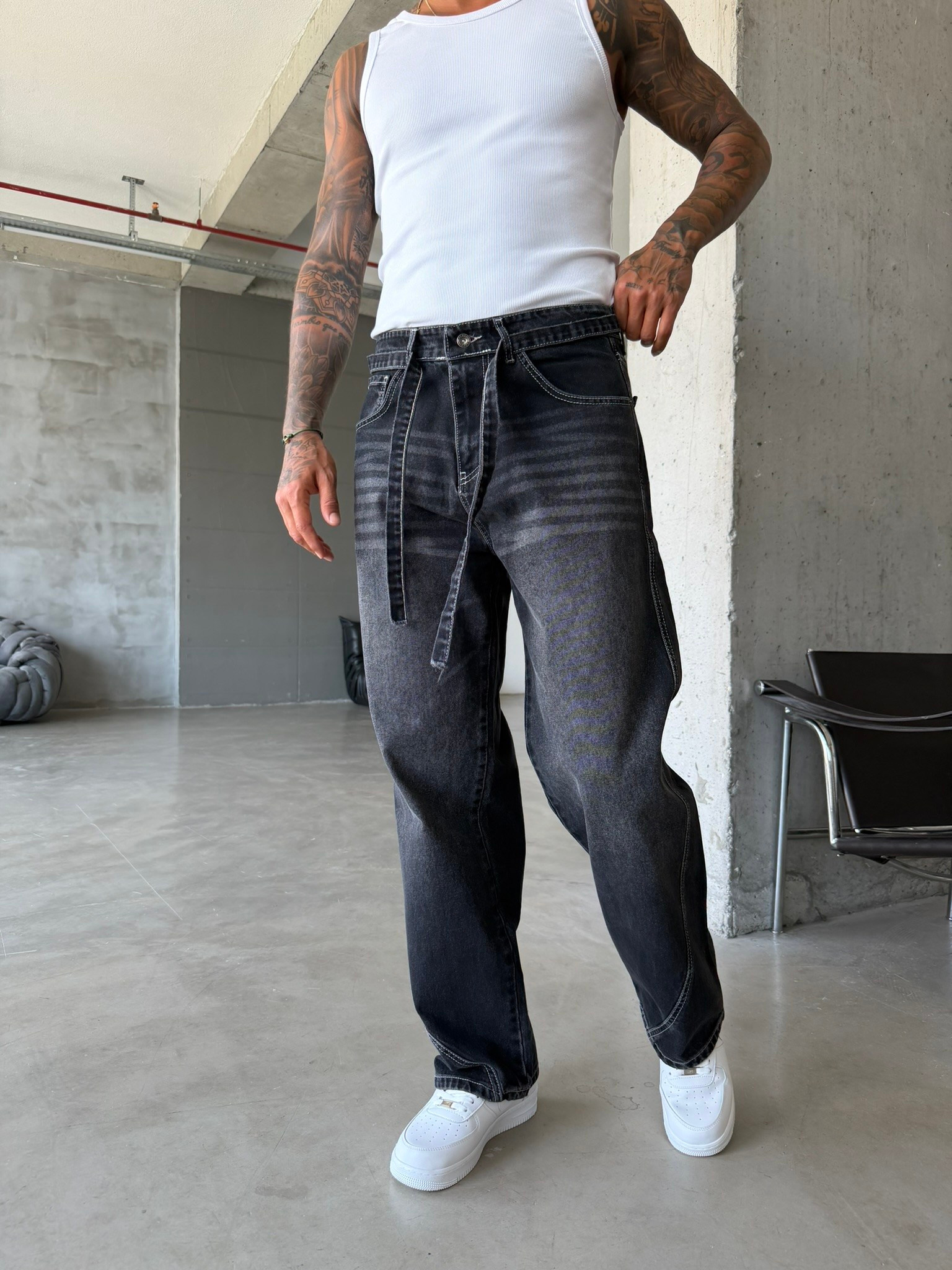 Bel Kemer Detaylı Premium Baggy Pantolon - Füme
