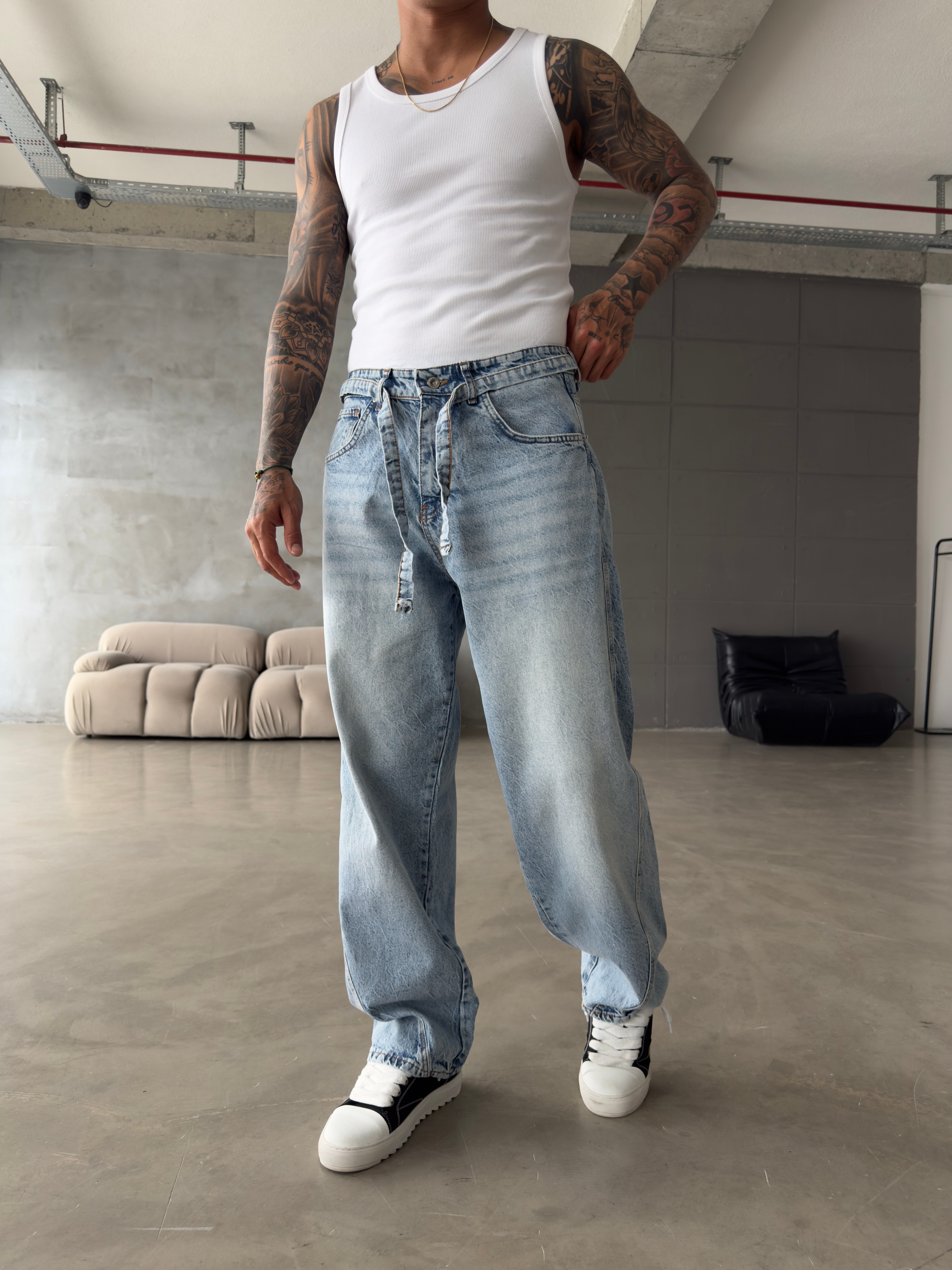 Bel Kemer Detaylı Premium Baggy Pantolon - Mavi