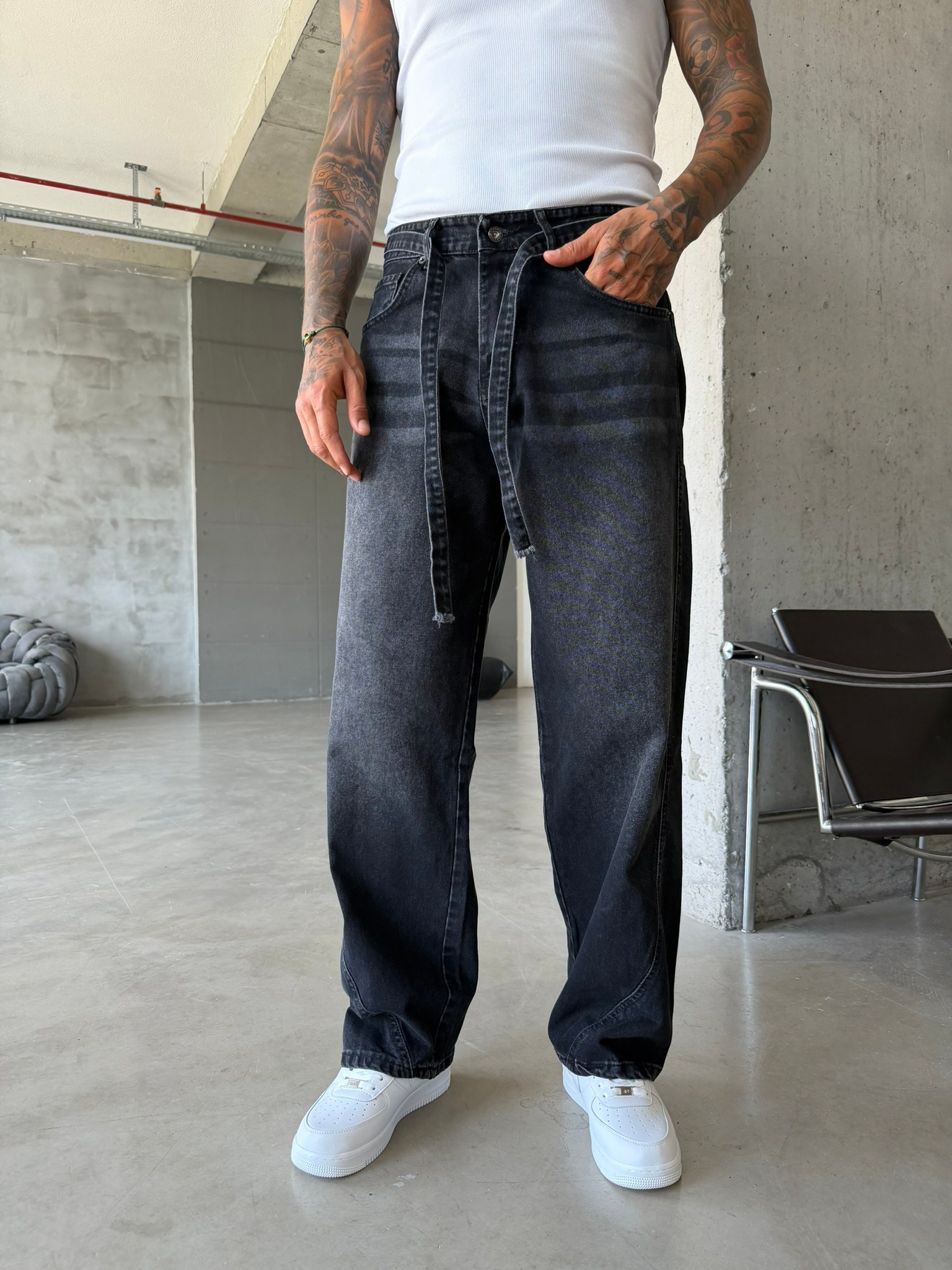 Bel Kemer Detaylı Premium Baggy Pantolon - Siyah