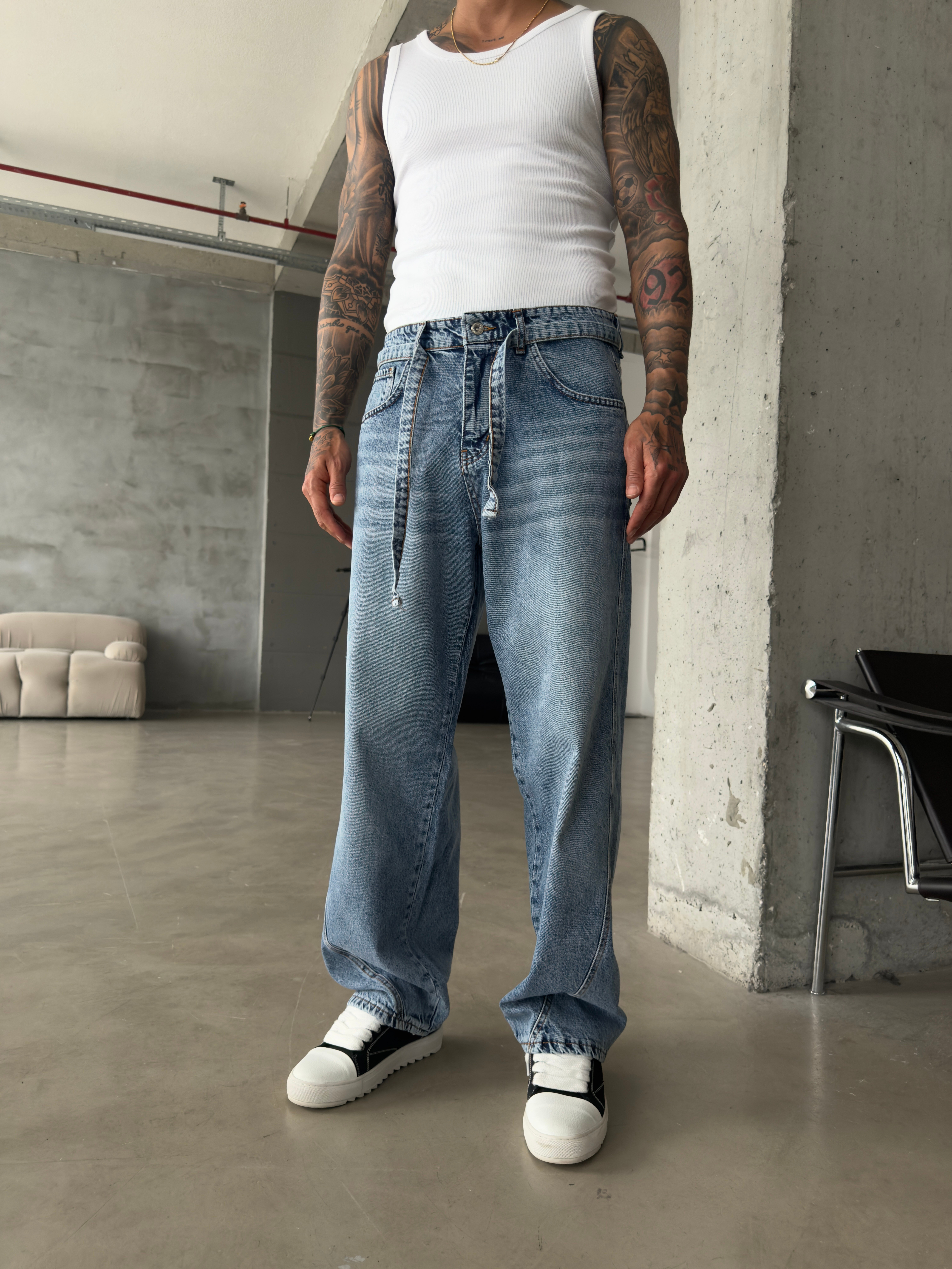 Bel Kemer Detaylı Premium Baggy Pantolon - İndigo