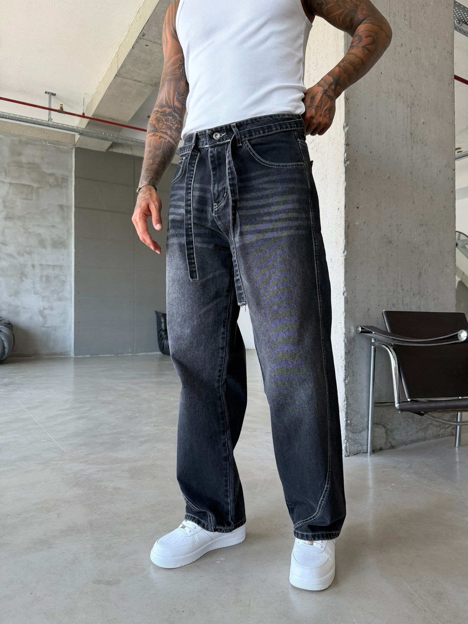 Bel Kemer Detaylı Premium Baggy Pantolon - Füme