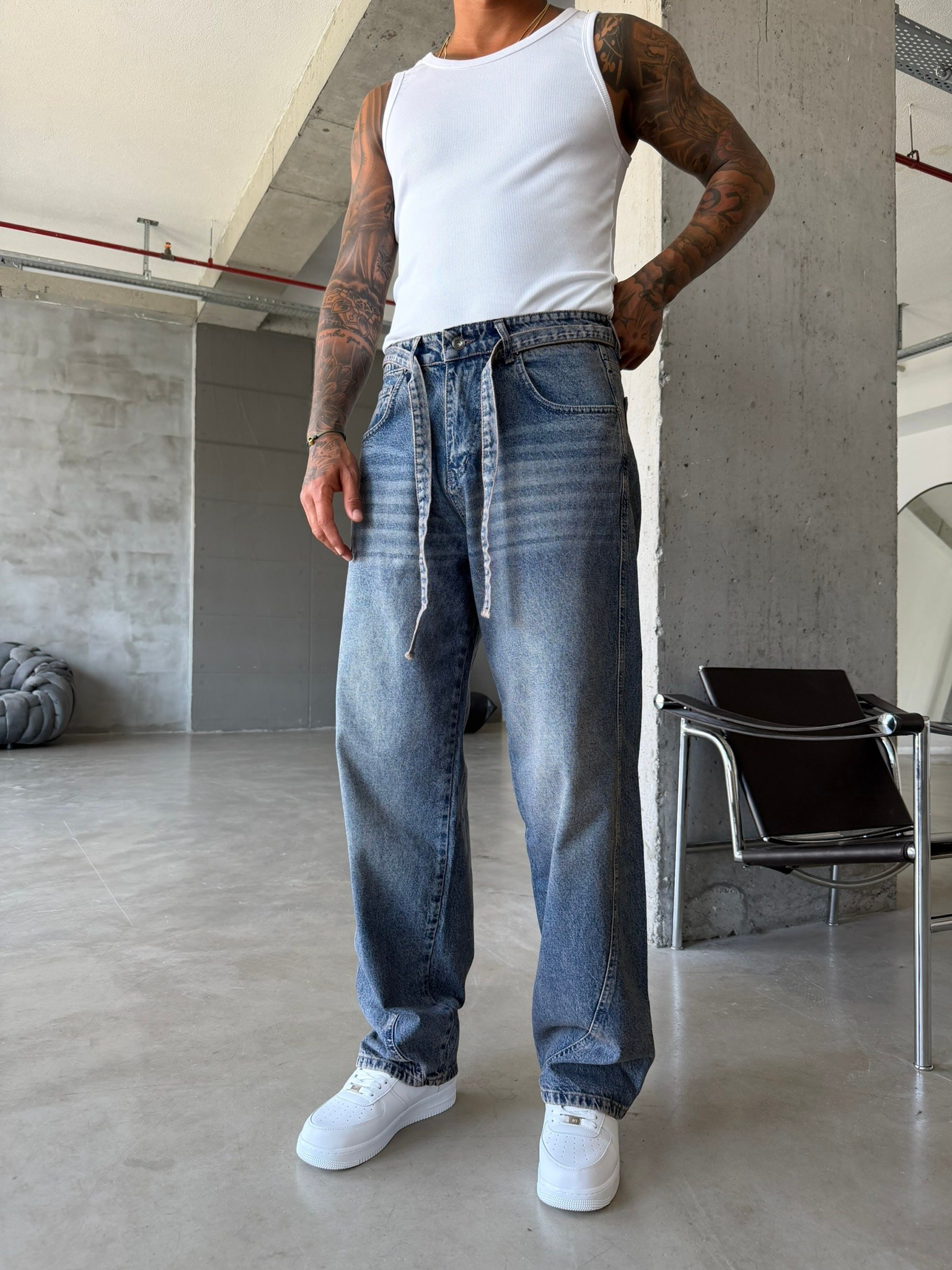 Bel Kemer Detaylı Premium Baggy Pantolon - Mavi