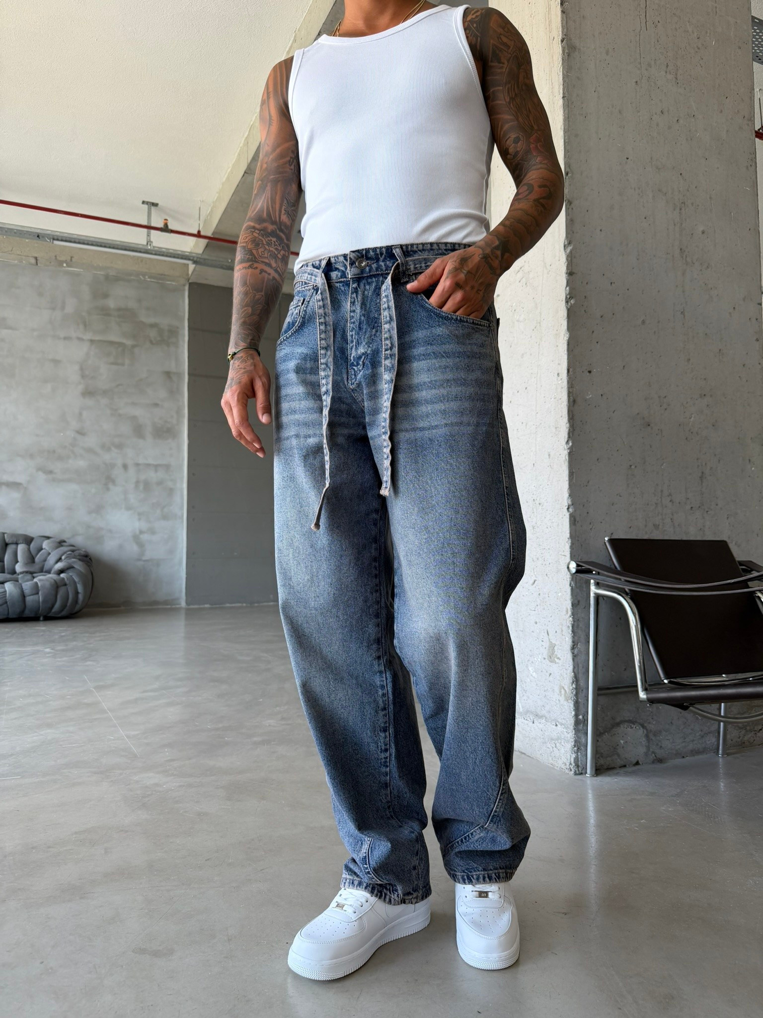 Bel Kemer Detaylı Premium Baggy Pantolon - Mavi