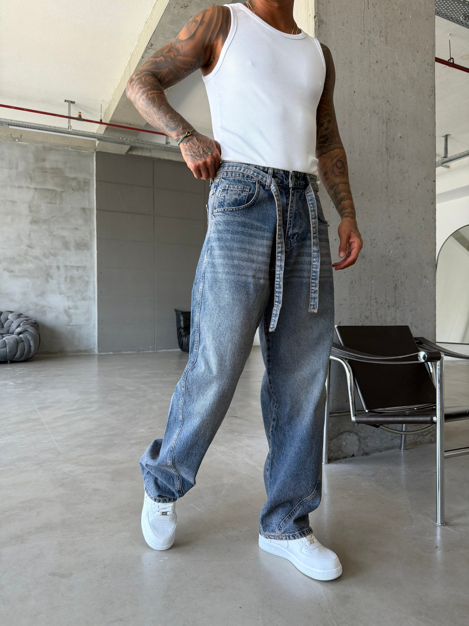 Bel Kemer Detaylı Premium Baggy Pantolon - Mavi