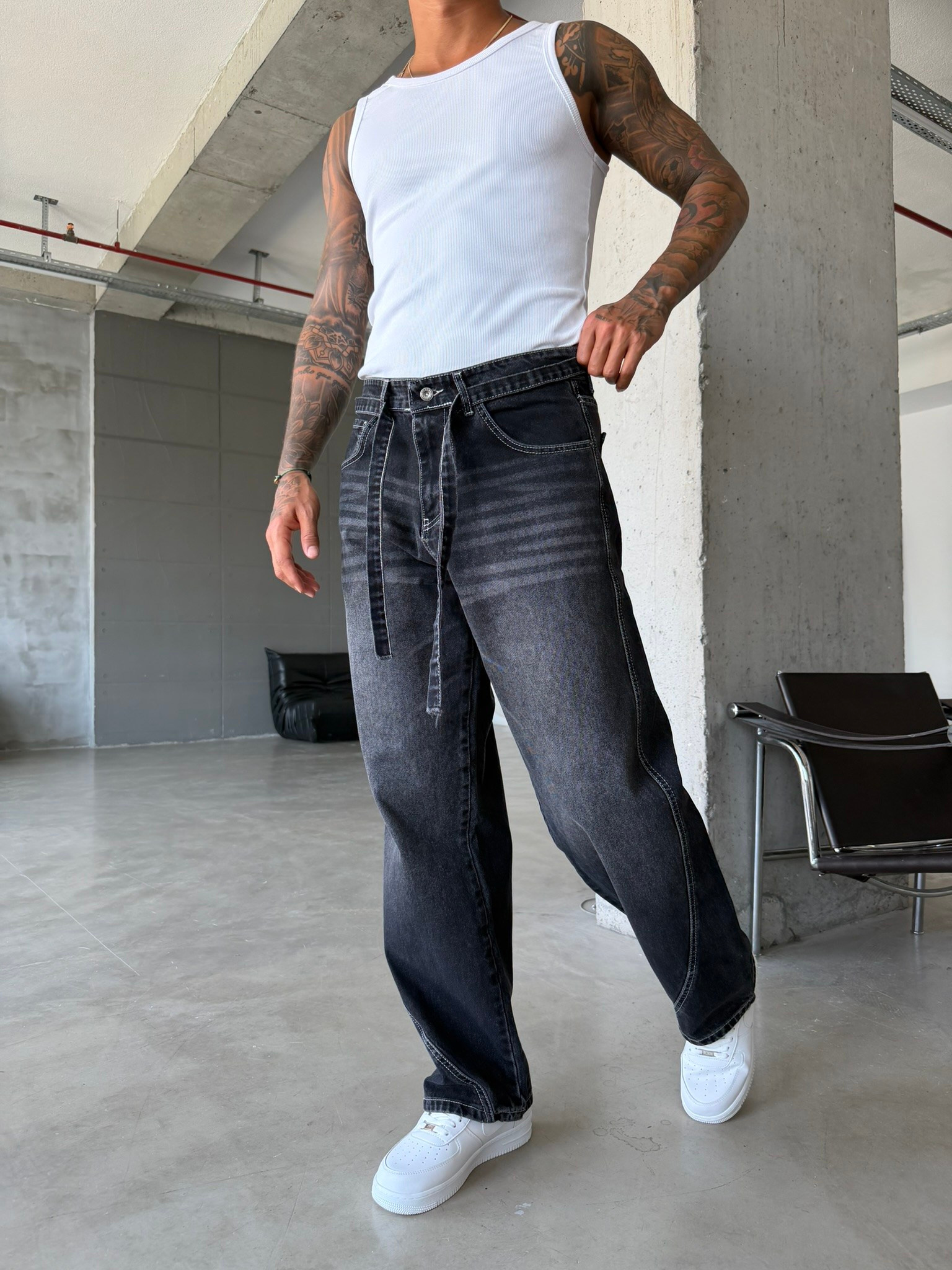 Bel Kemer Detaylı Premium Baggy Pantolon - Füme