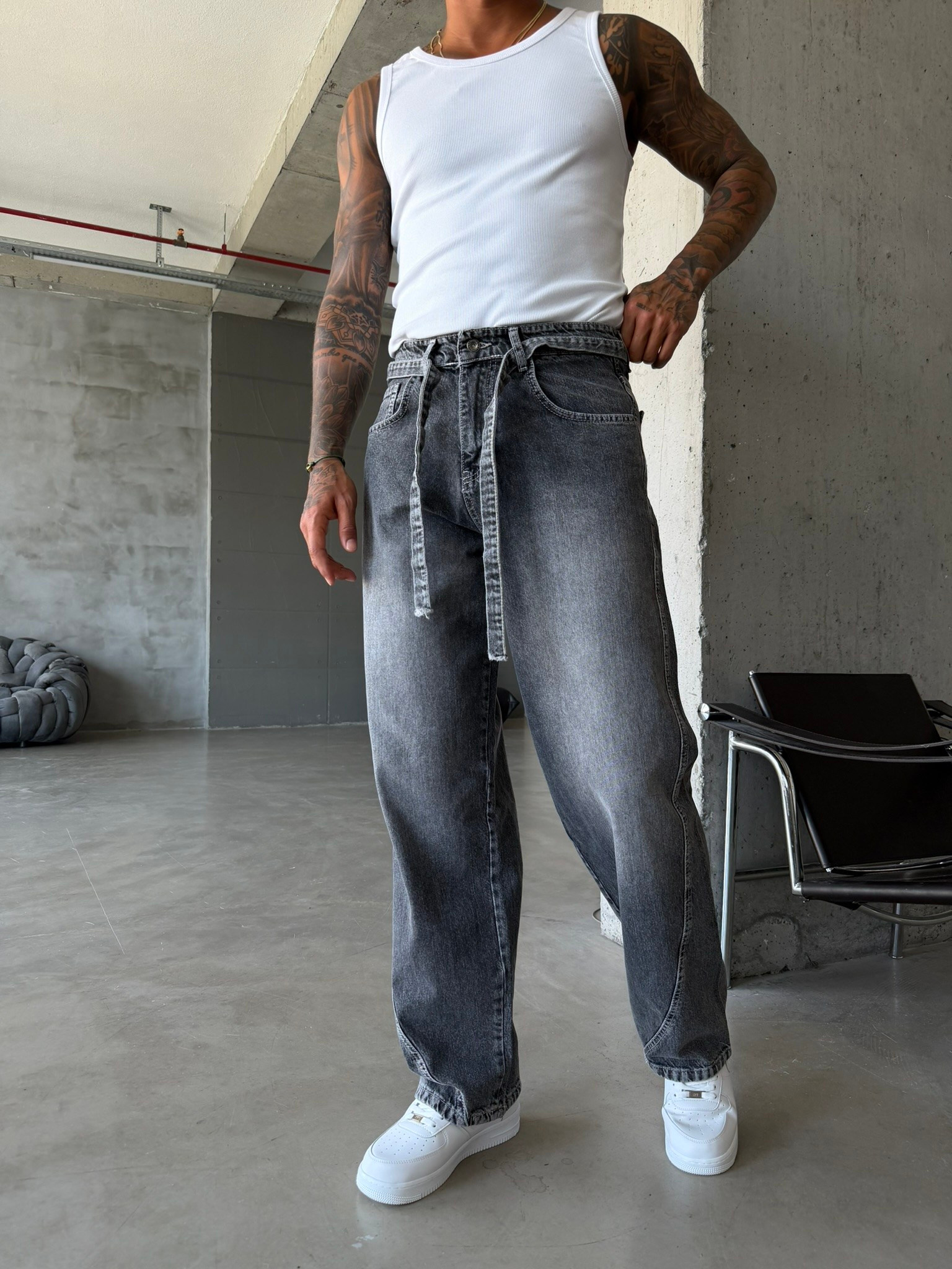 Bel Kemer Detaylı Premium Baggy Pantolon - Gri