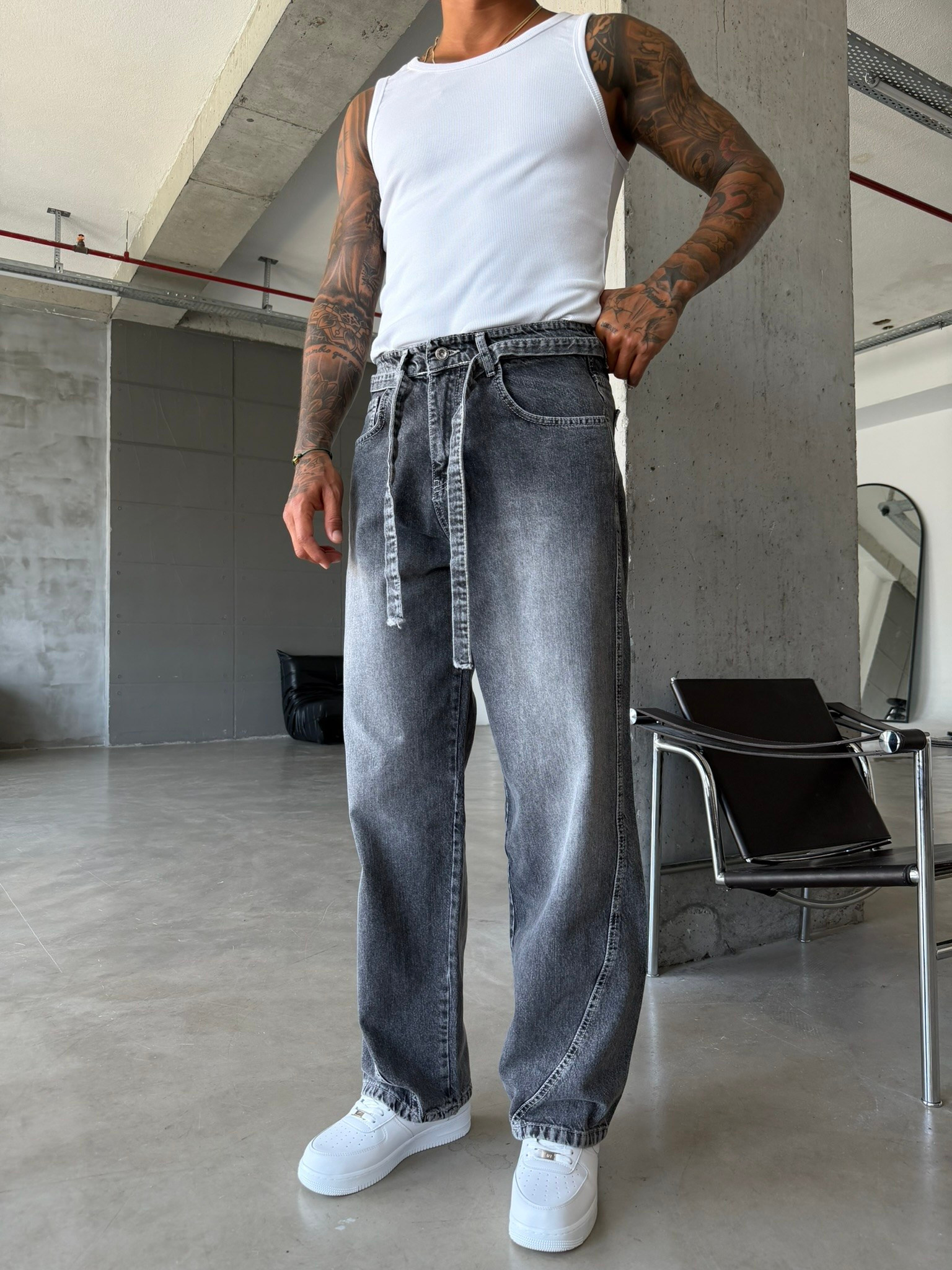 Bel Kemer Detaylı Premium Baggy Pantolon - Gri