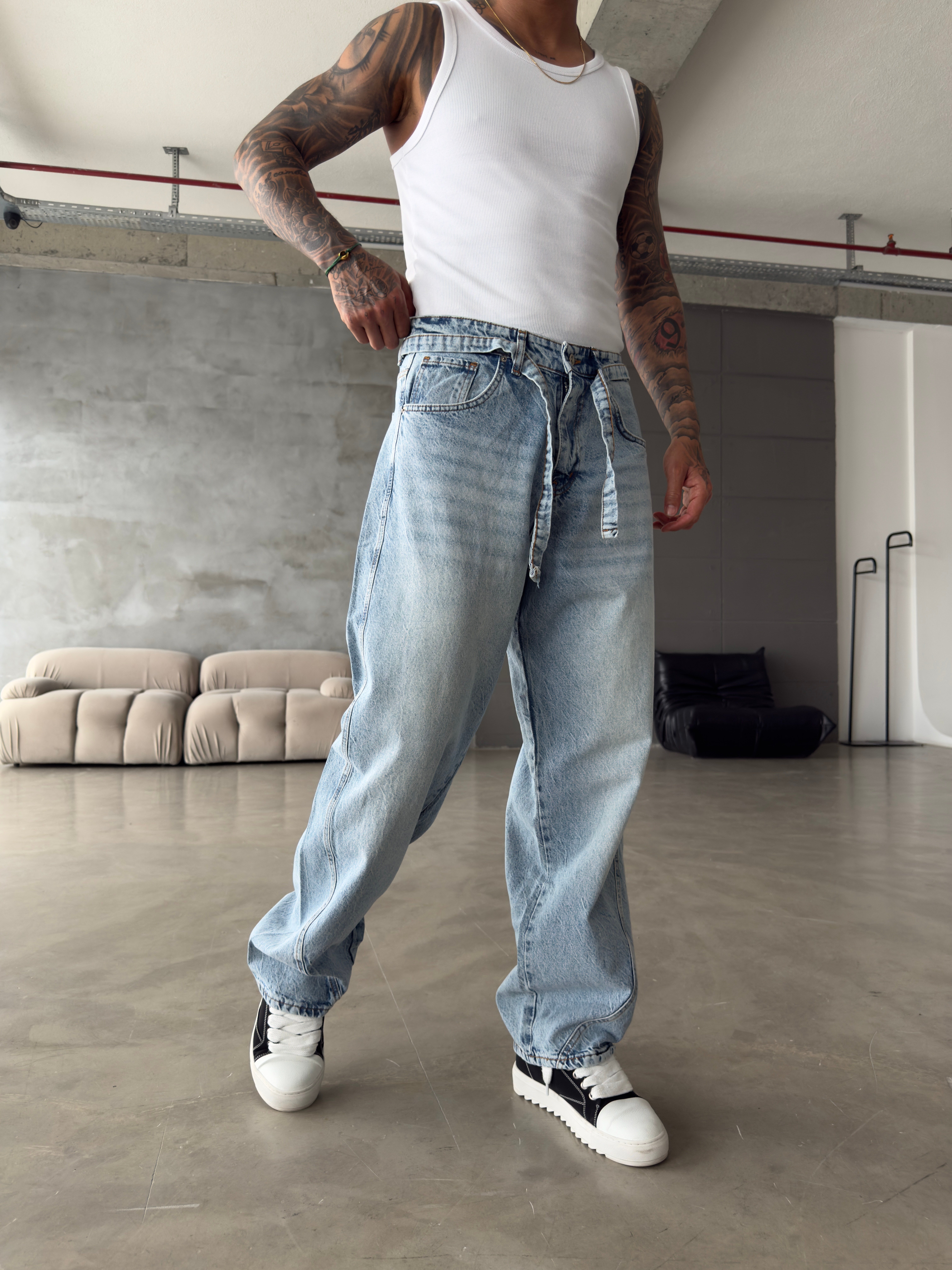 Bel Kemer Detaylı Premium Baggy Pantolon - Mavi