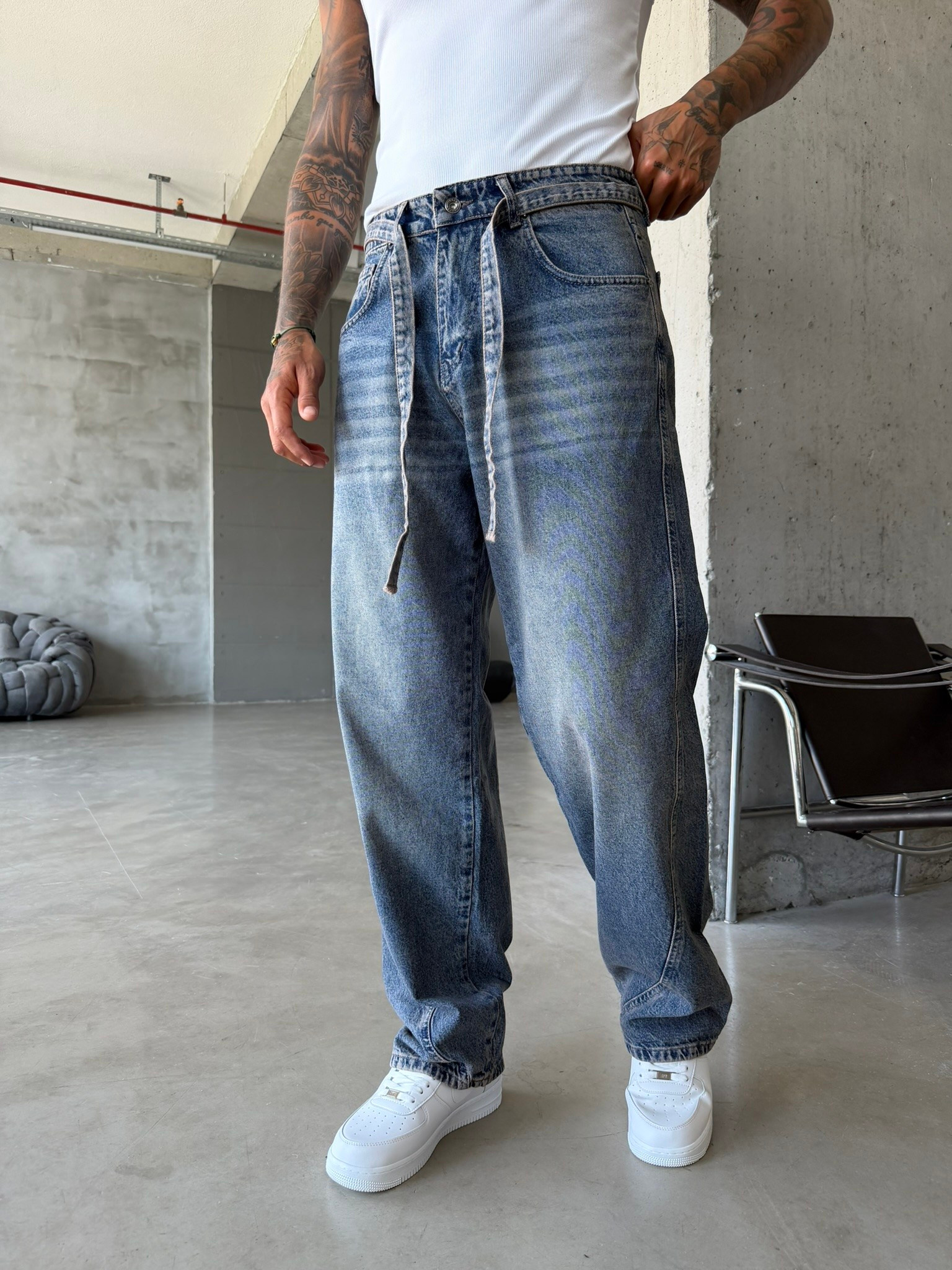 Bel Kemer Detaylı Premium Baggy Pantolon - Mavi