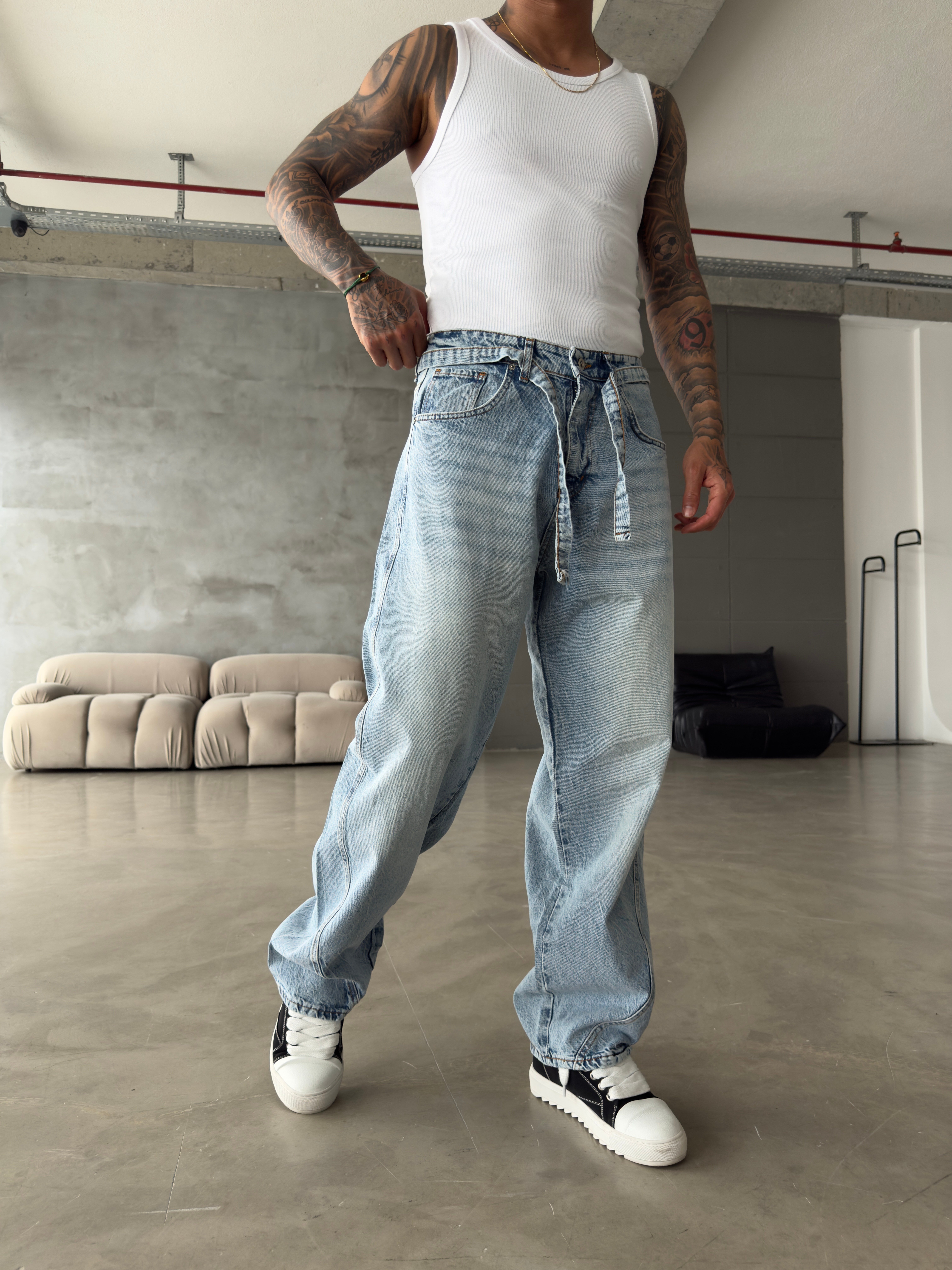 Bel Kemer Detaylı Premium Baggy Pantolon - Mavi