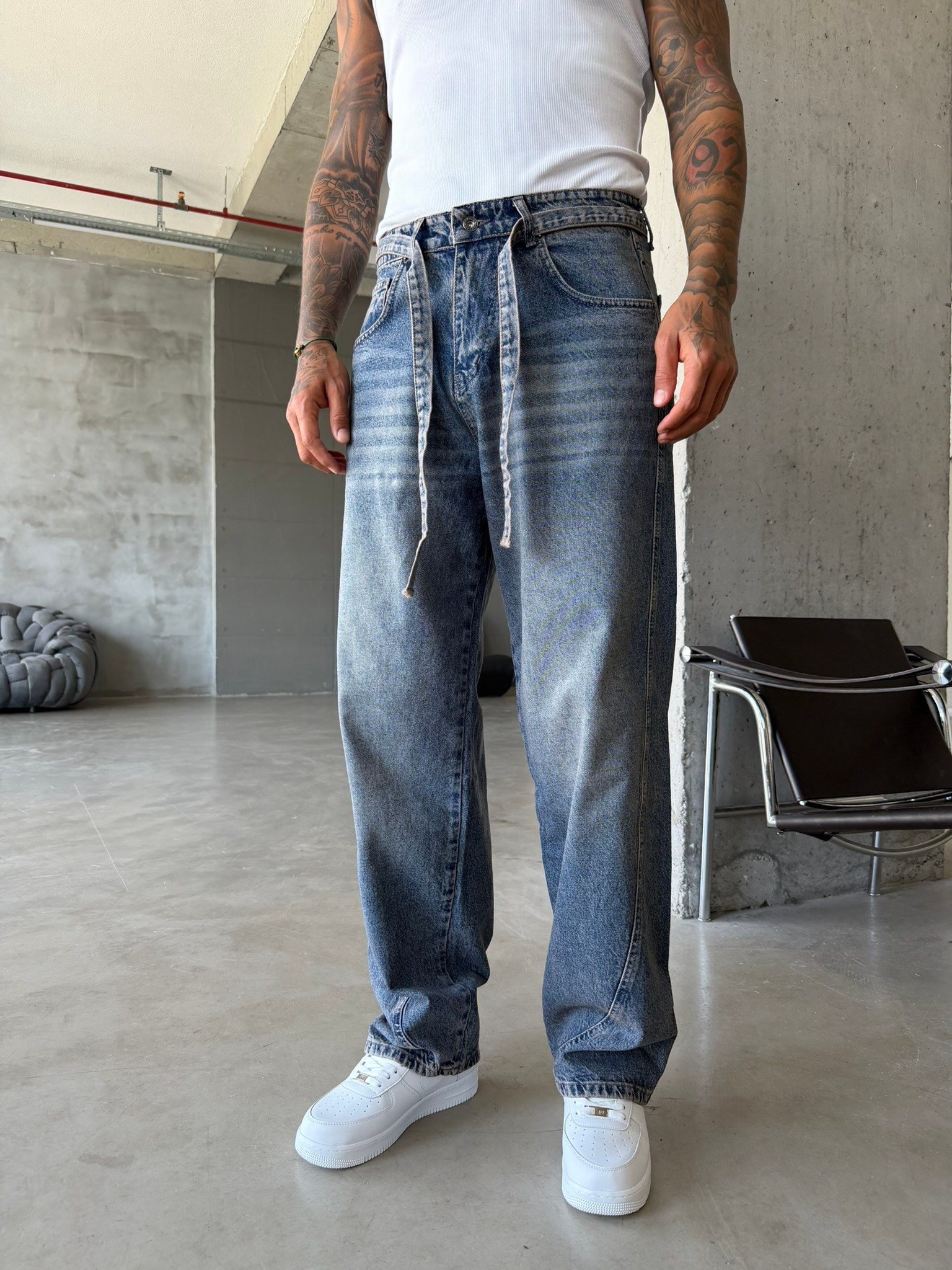 Bel Kemer Detaylı Premium Baggy Pantolon - Mavi