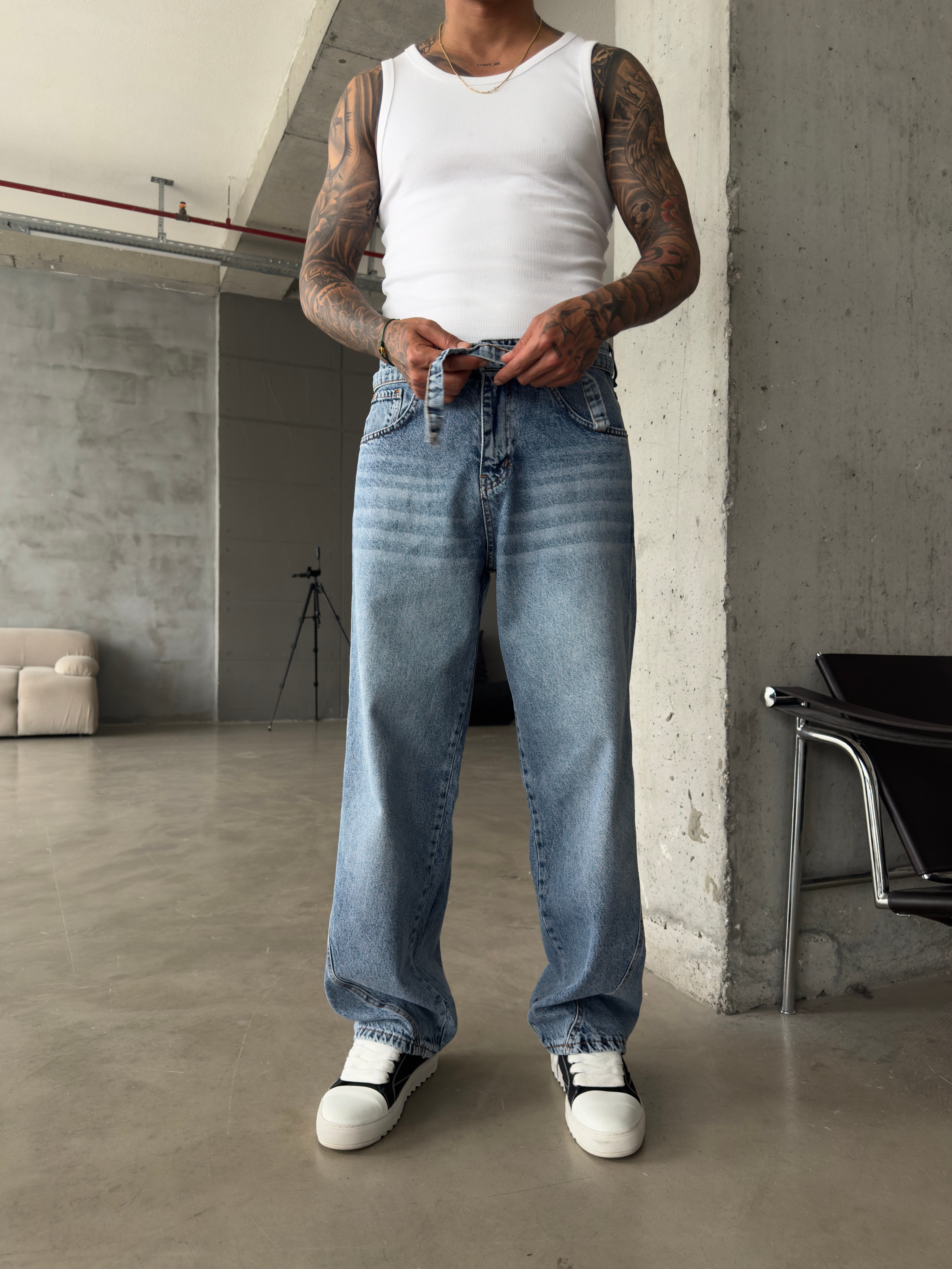 Bel Kemer Detaylı Premium Baggy Pantolon - İndigo