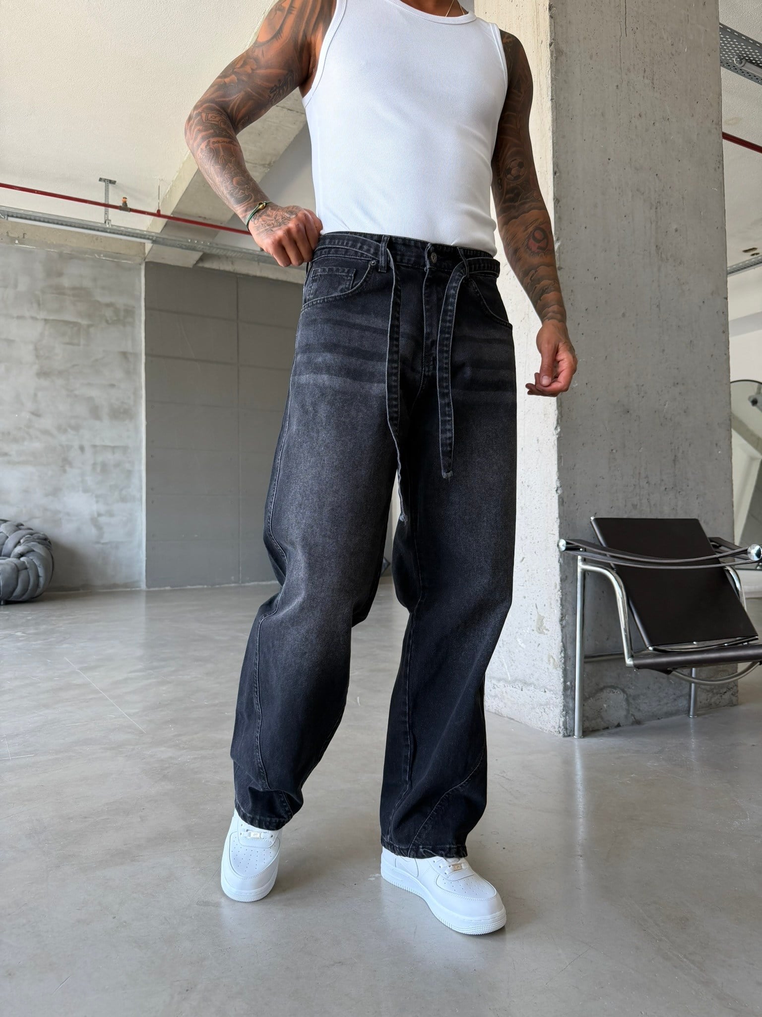 Bel Kemer Detaylı Premium Baggy Pantolon - Siyah