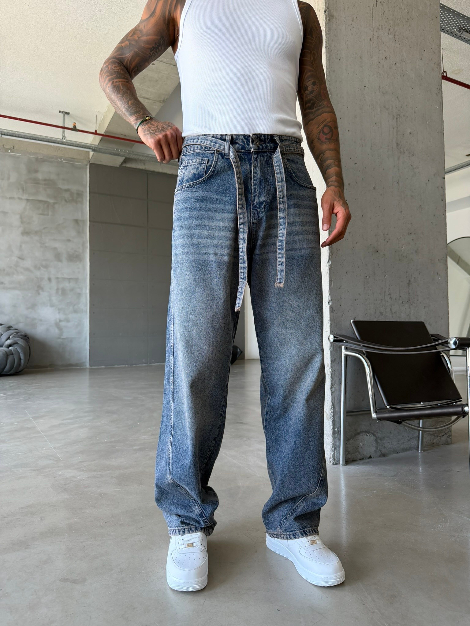 Bel Kemer Detaylı Premium Baggy Pantolon - Mavi