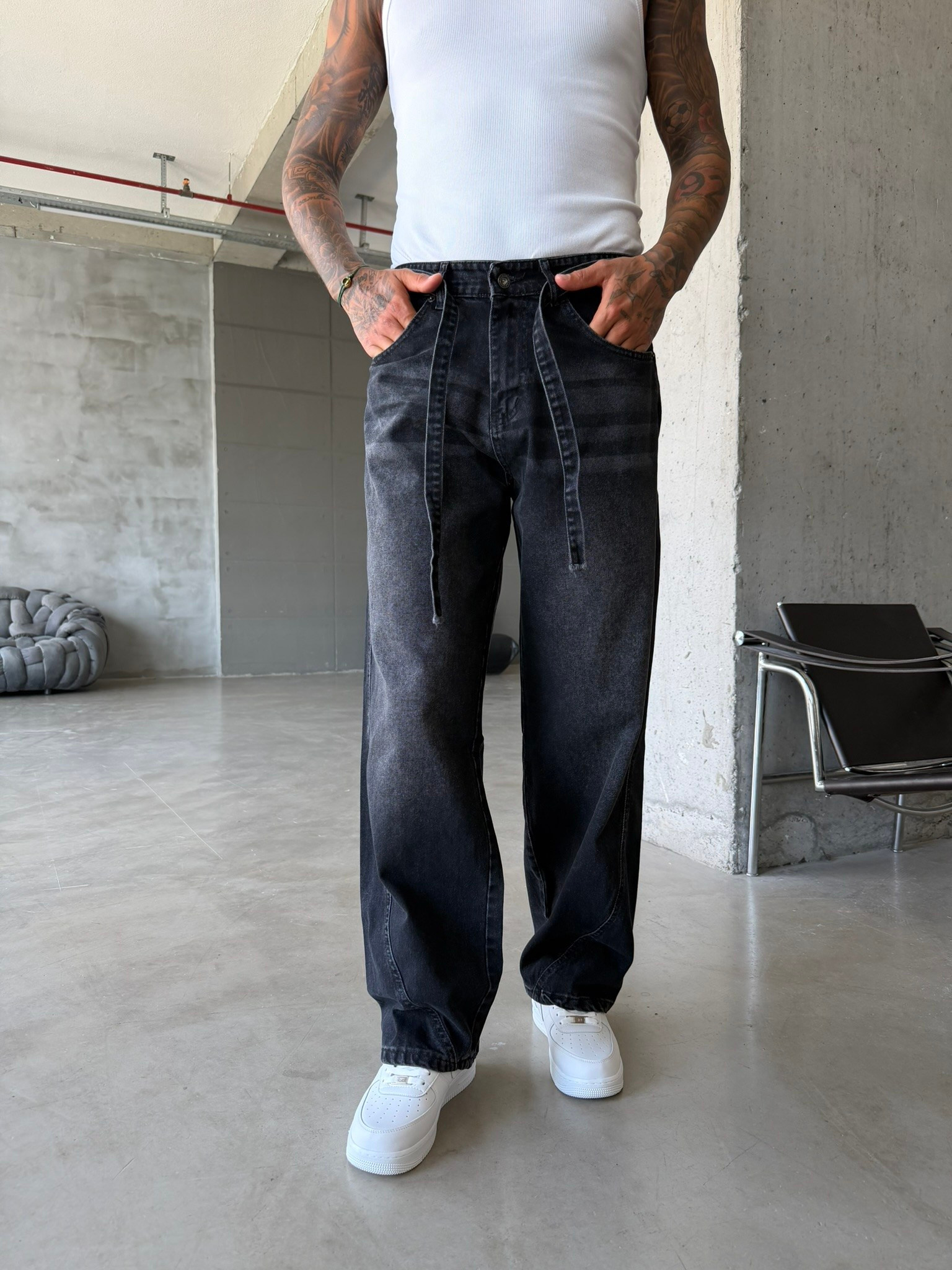 Bel Kemer Detaylı Premium Baggy Pantolon - Siyah
