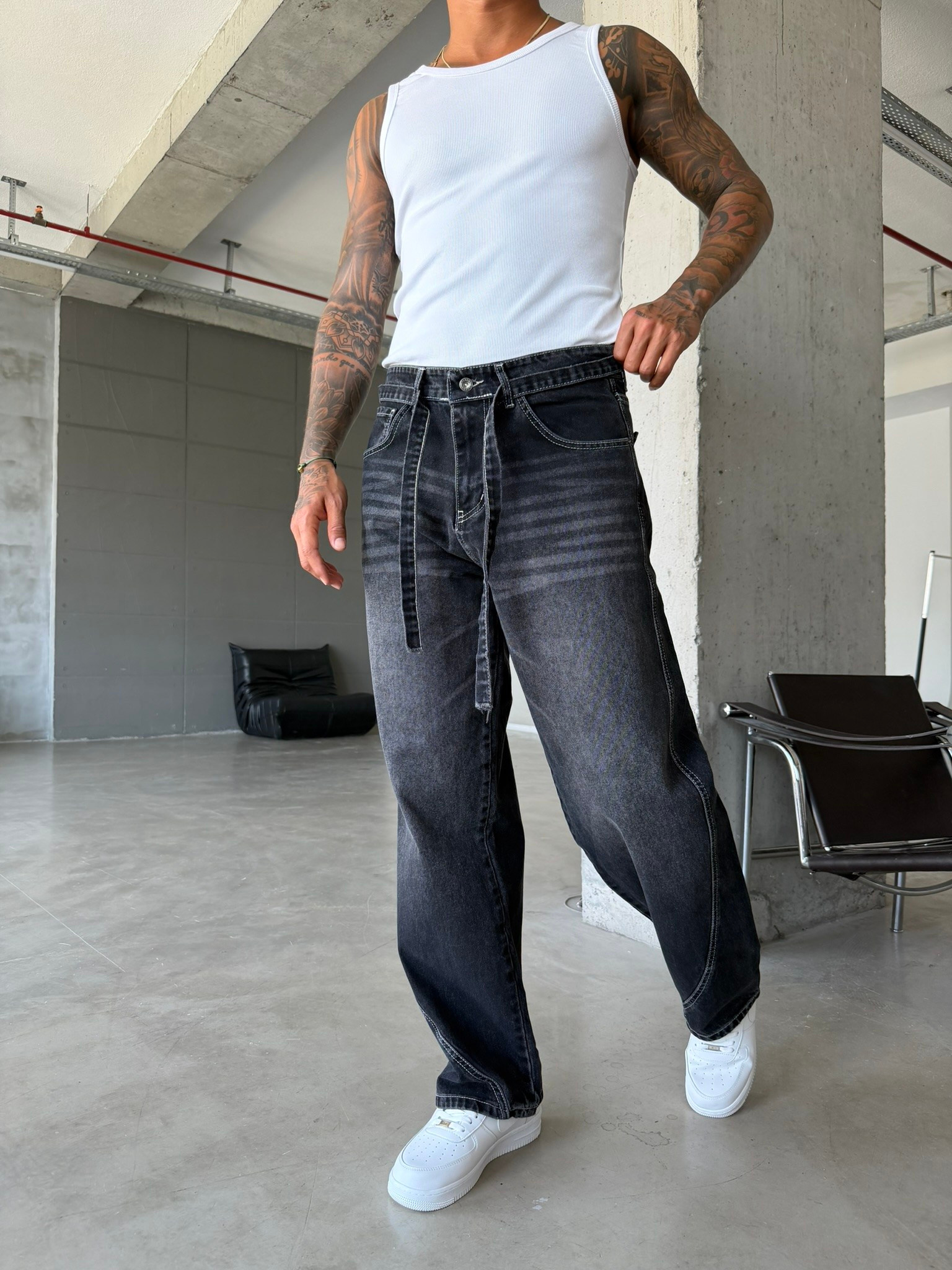 Bel Kemer Detaylı Premium Baggy Pantolon - Füme