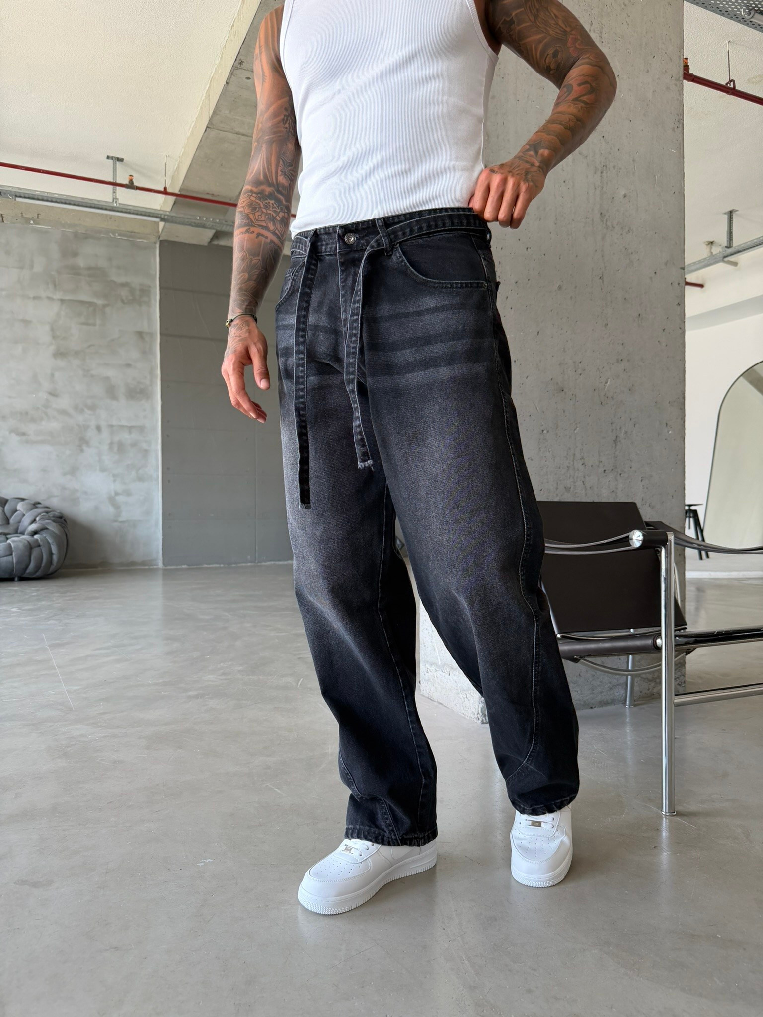 Bel Kemer Detaylı Premium Baggy Pantolon - Siyah